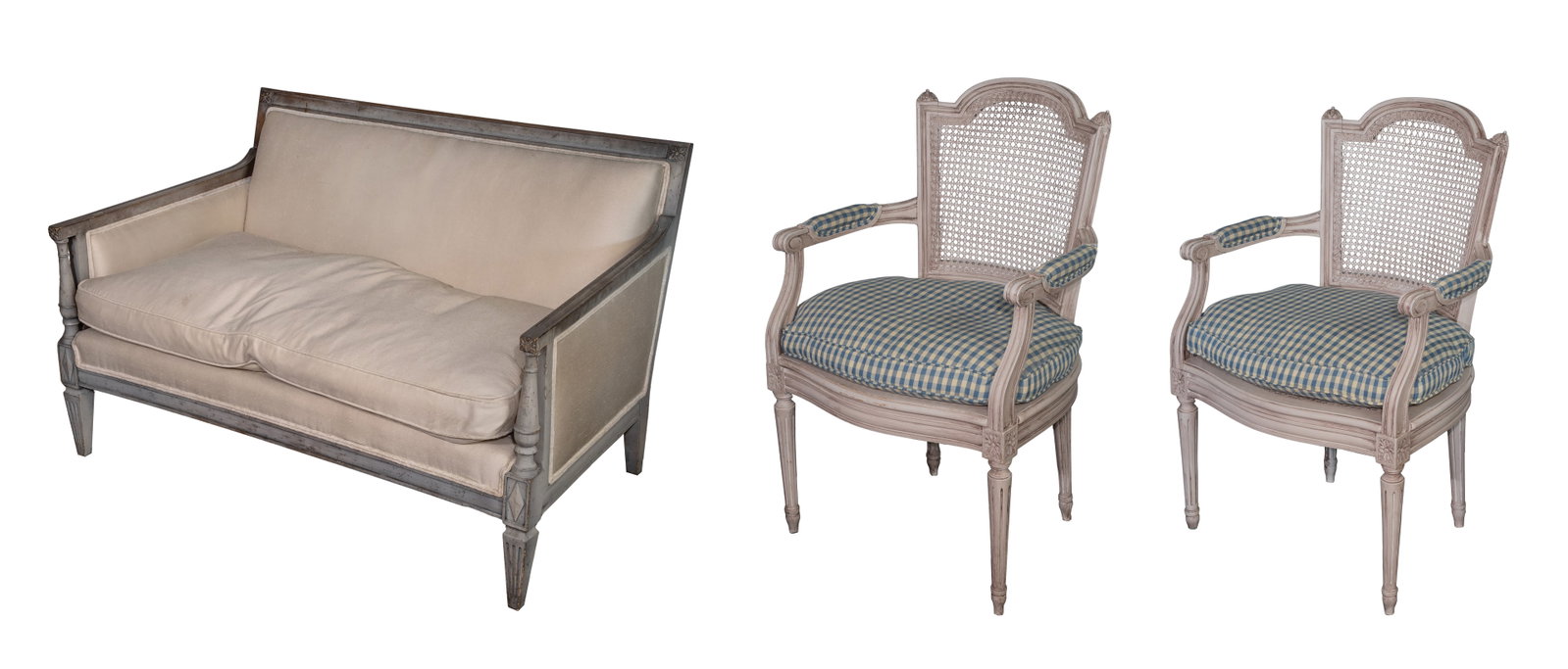 French Provincial Style Furniture Assortment: French Provincial Style Furniture Assortment (3) total items including a pair of Louis XVI style armchairs having cane backs, seats having custom removable blue and white check seat cushions and