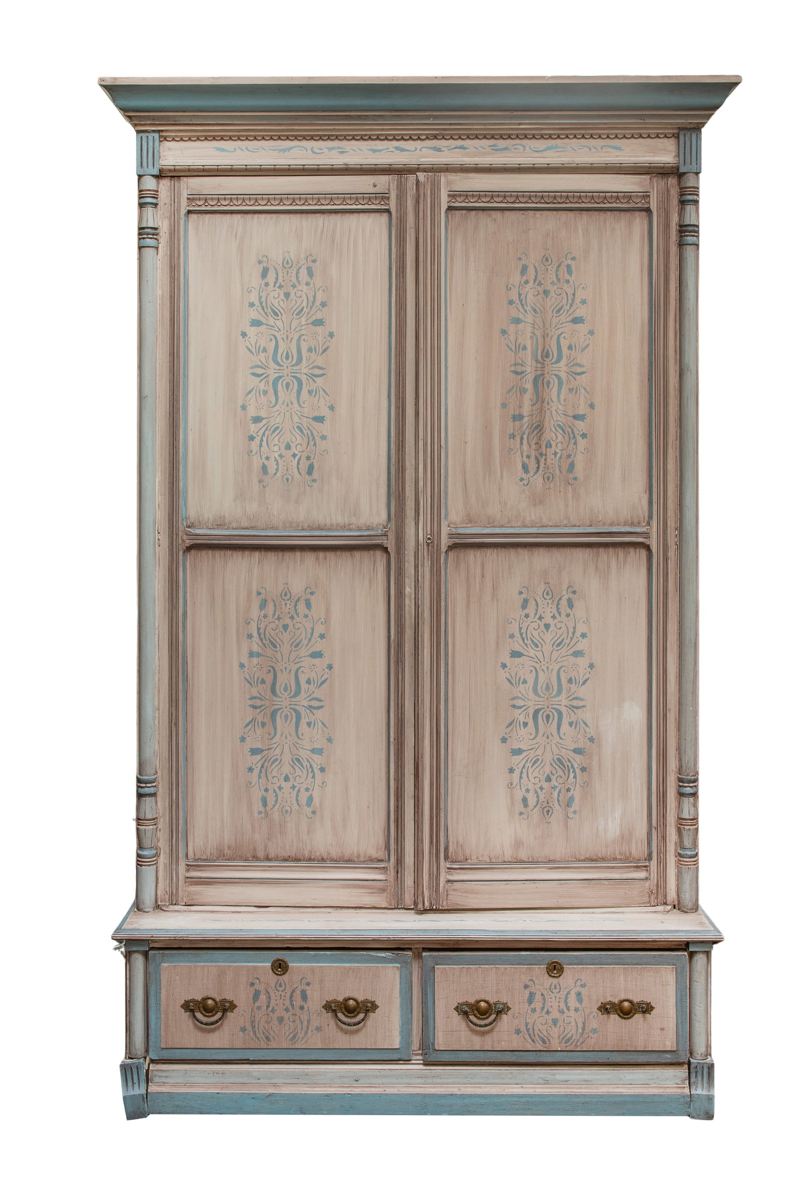 French Provincial Style Cabinet: French Provincial Style Cabinet A distressed, whitewashed armoire having hand painted foliate design, three interior adjustable shelves and two bottom drawers, brass hardware Property from: a Private
