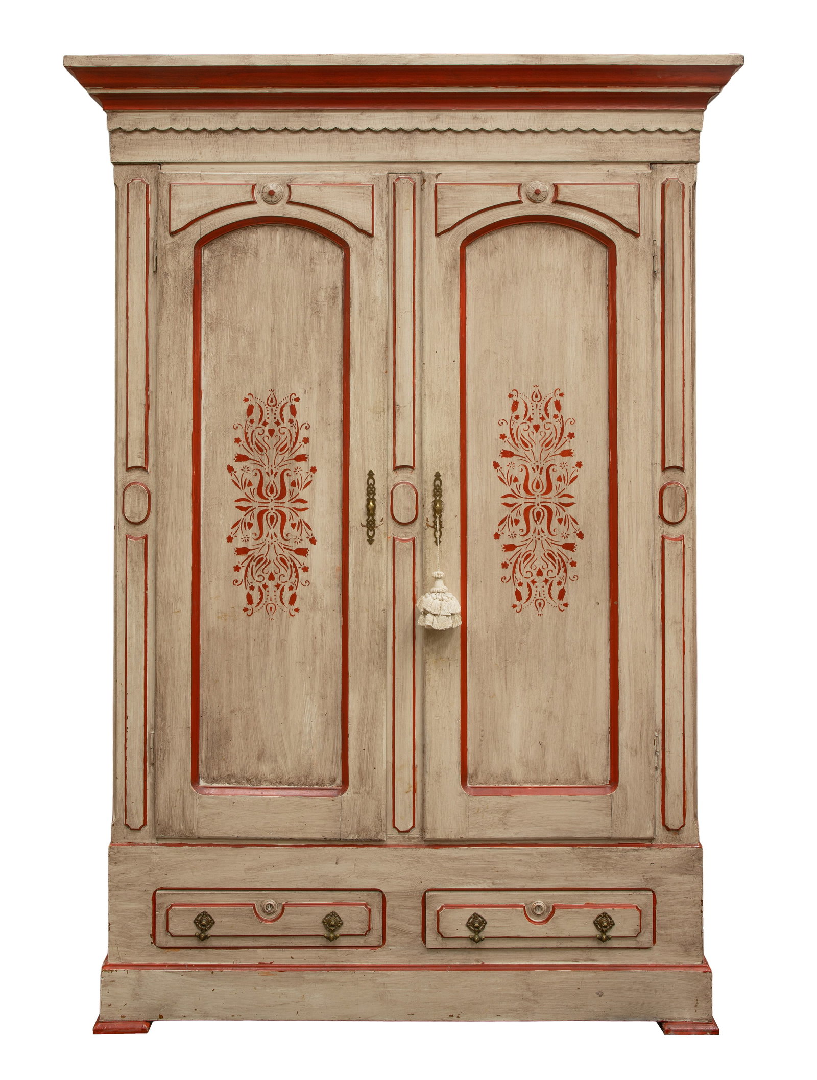 French Provincial Style Armoire: French Provincial Style Armoire A distressed, whitewashed two-door armoire having red hand painted foliate design, fourteen retro-fitted interior drawers, two bottom drawers, brass hardware Property