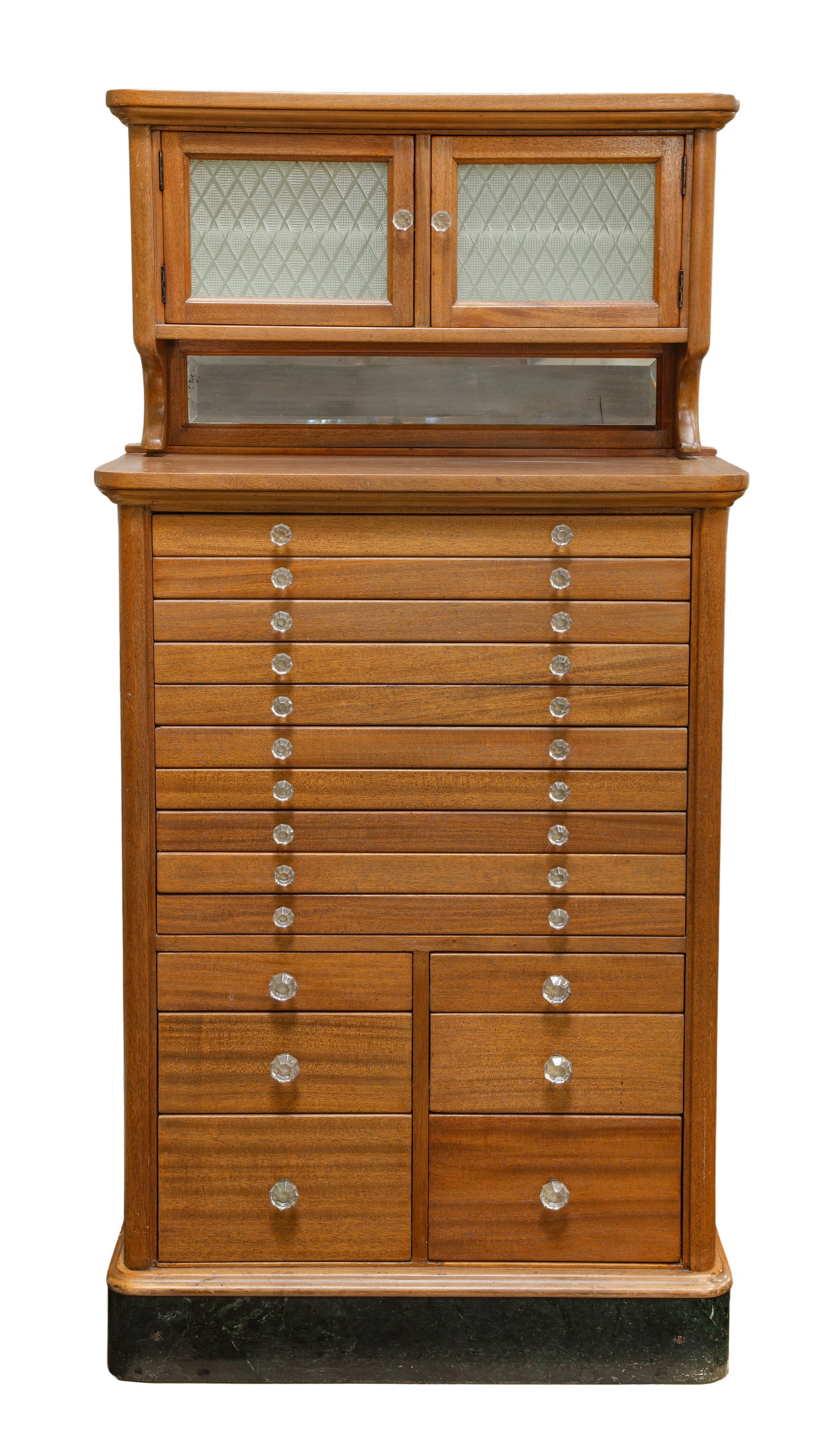 Walnut Dental Cabinet: Walnut Dental Cabinet Solid walnut construction having ten long shallow drawers and six deeper half drawers, painted interiors, metal glide sides and glass knobs, upper cabinet having two glass panele