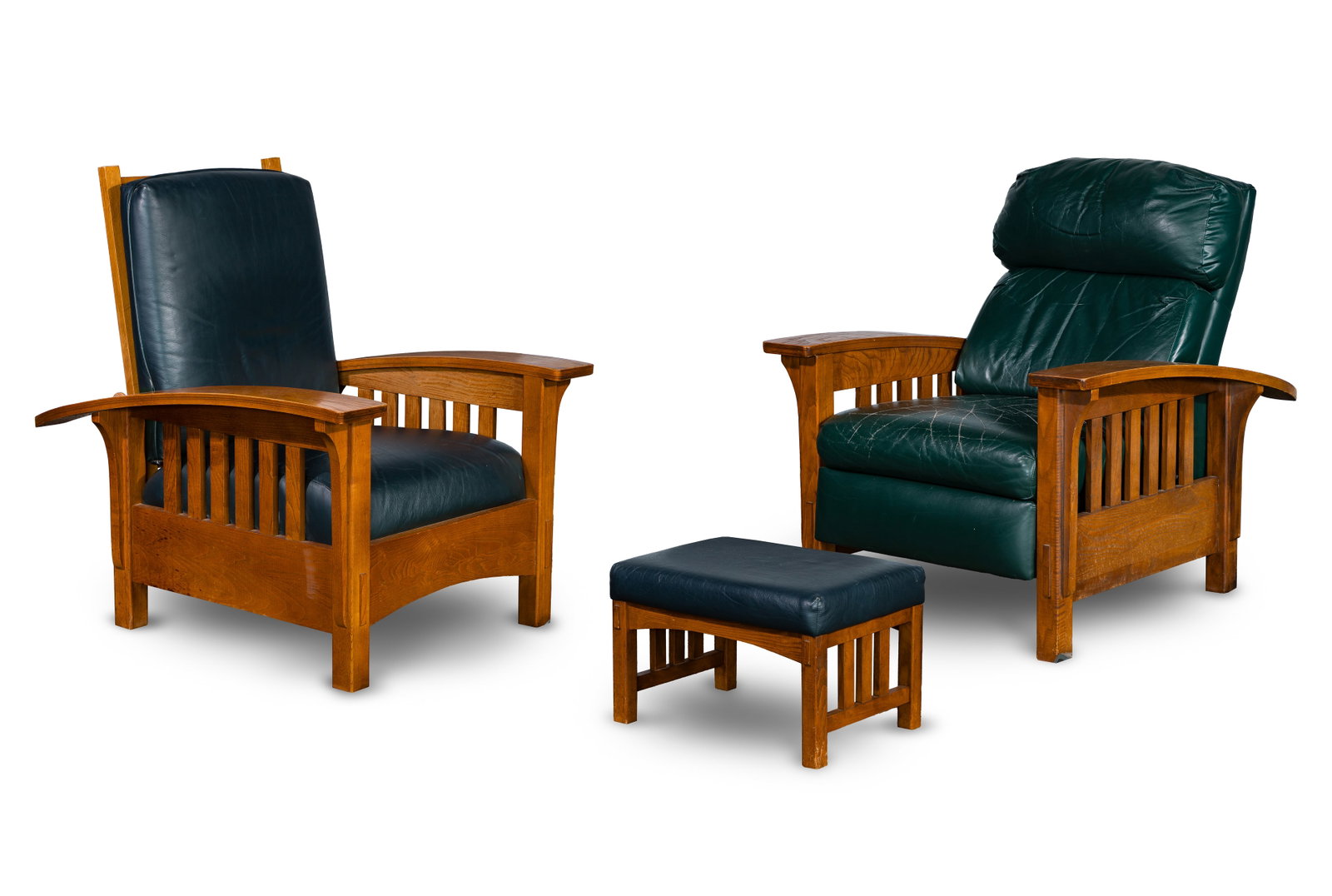 Sam Moore Furniture Mission Style Armchairs and Ottoman: Sam Moore Furniture Mission Style Armchairs and Ottoman (2) Mission style armchairs having slatted sides including a low leg recliner having solid oak arms, upholstered in emerald green leather, a 4-s