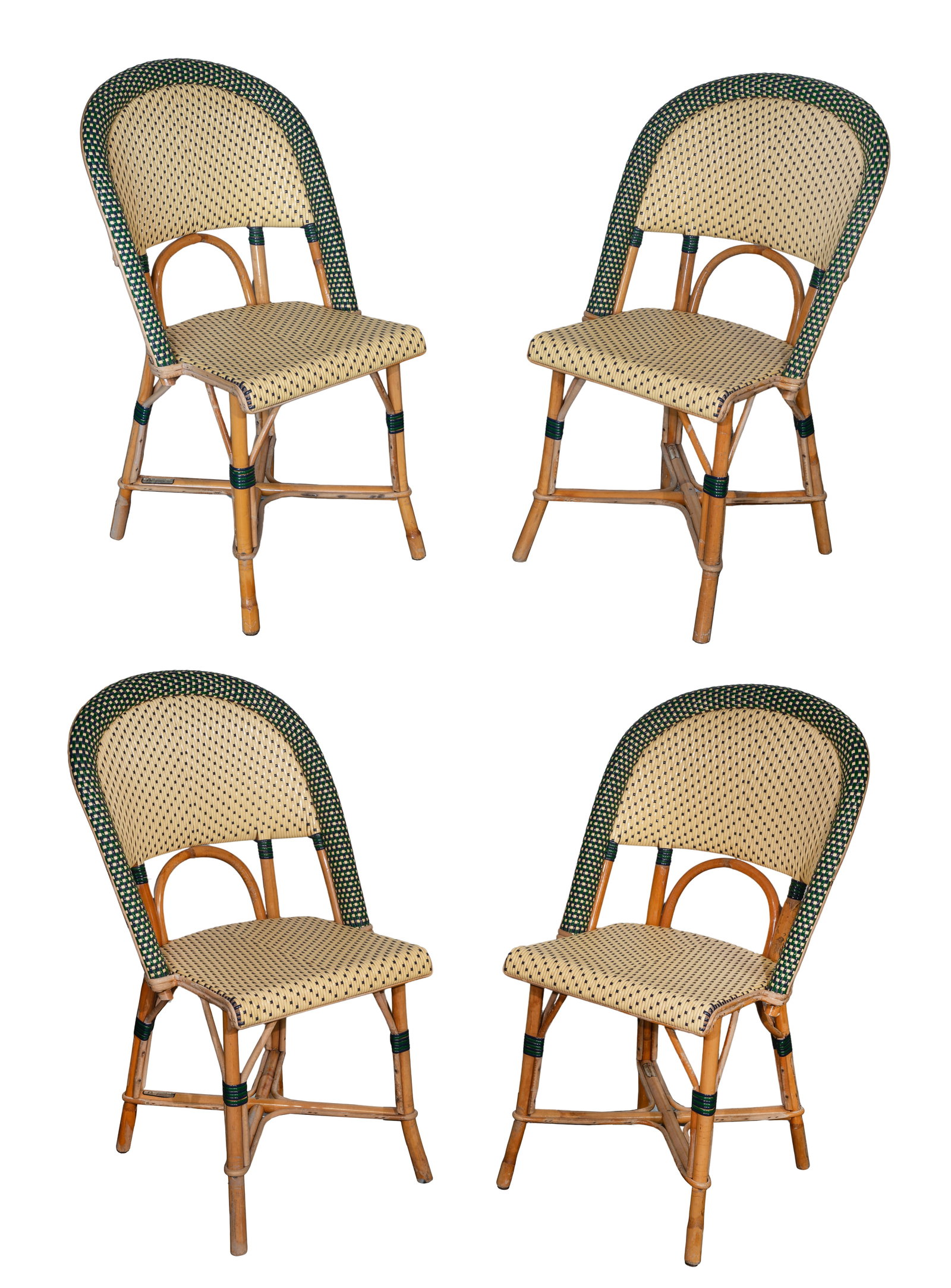 Maison Louis Drucker Wicker Cafe Chair Collection: Maison Louis Drucker Wicker Cafe Chair Collection A set of (4) having rattan seats and bamboo frames, having Druker, Inc., New York Showroom label Property from: an Estate, Wauconda, Illinois Height: