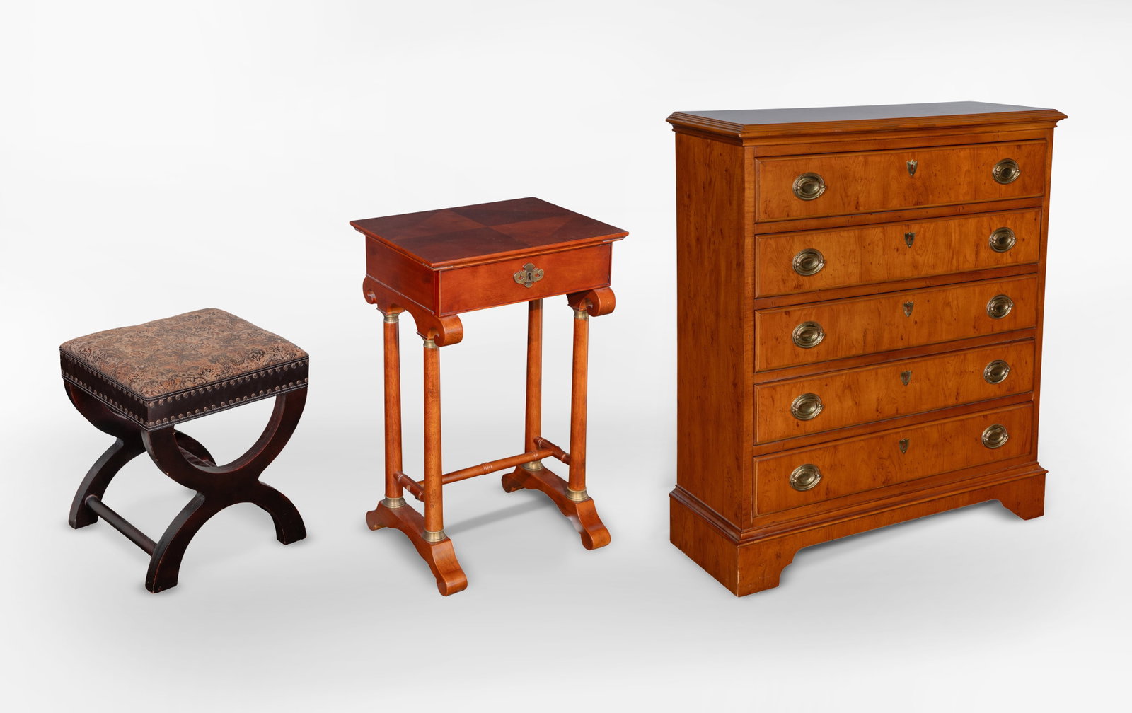 Furniture Assortment: Furniture Assortment (3) items including a Drexel five-drawer Yorkshire chest, a Regency style side table and a Curulis style ottoman Property from: a Private Collector, Wheaton, Illinois Height: 39 i