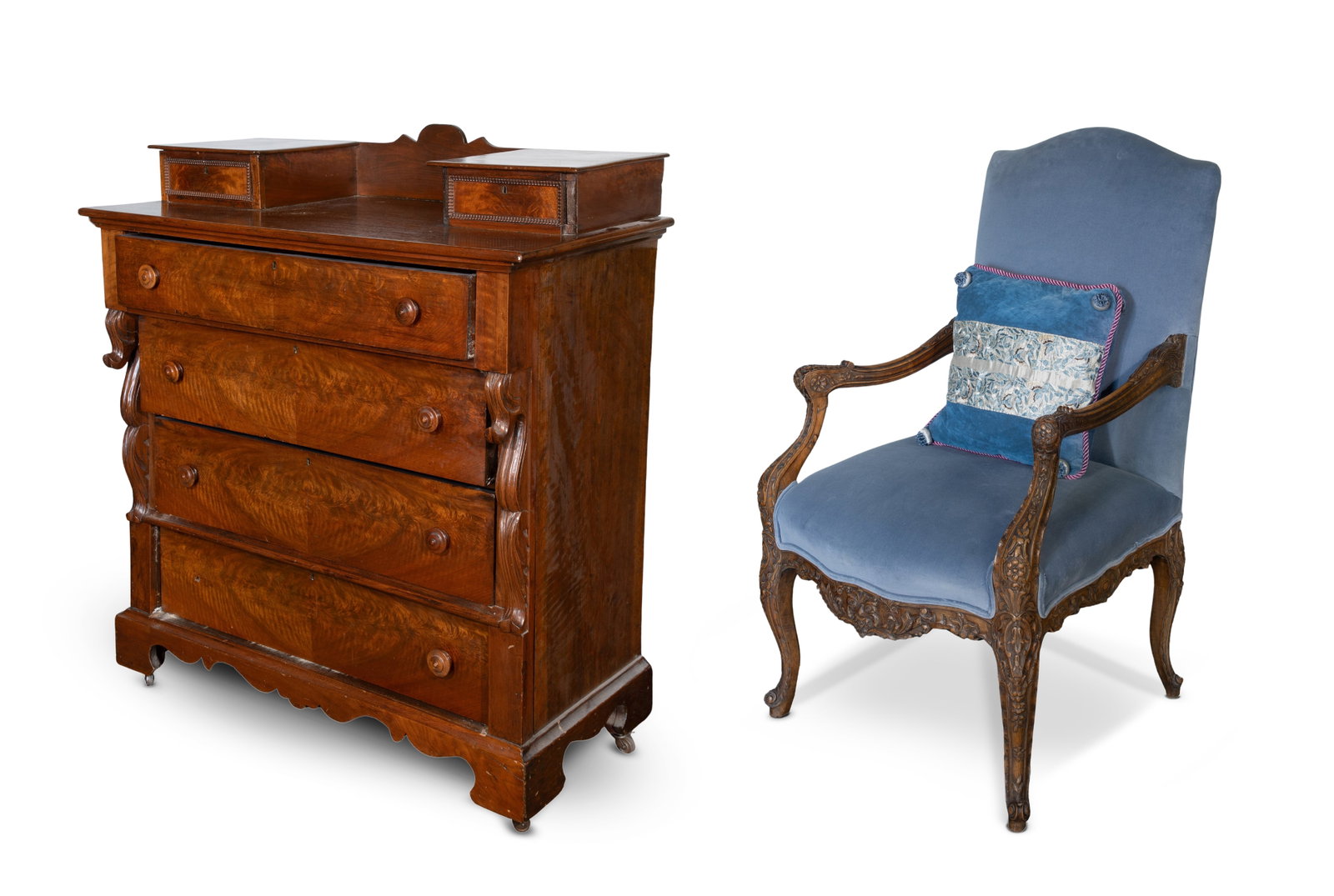 Chest of Drawers and Armchair: Chest of Drawers and Armchair (2) items including a mahogany chest having four full dovetailed drawers, the uppermost cantilevered forward, the lower three flanked by carved brackets, two glove