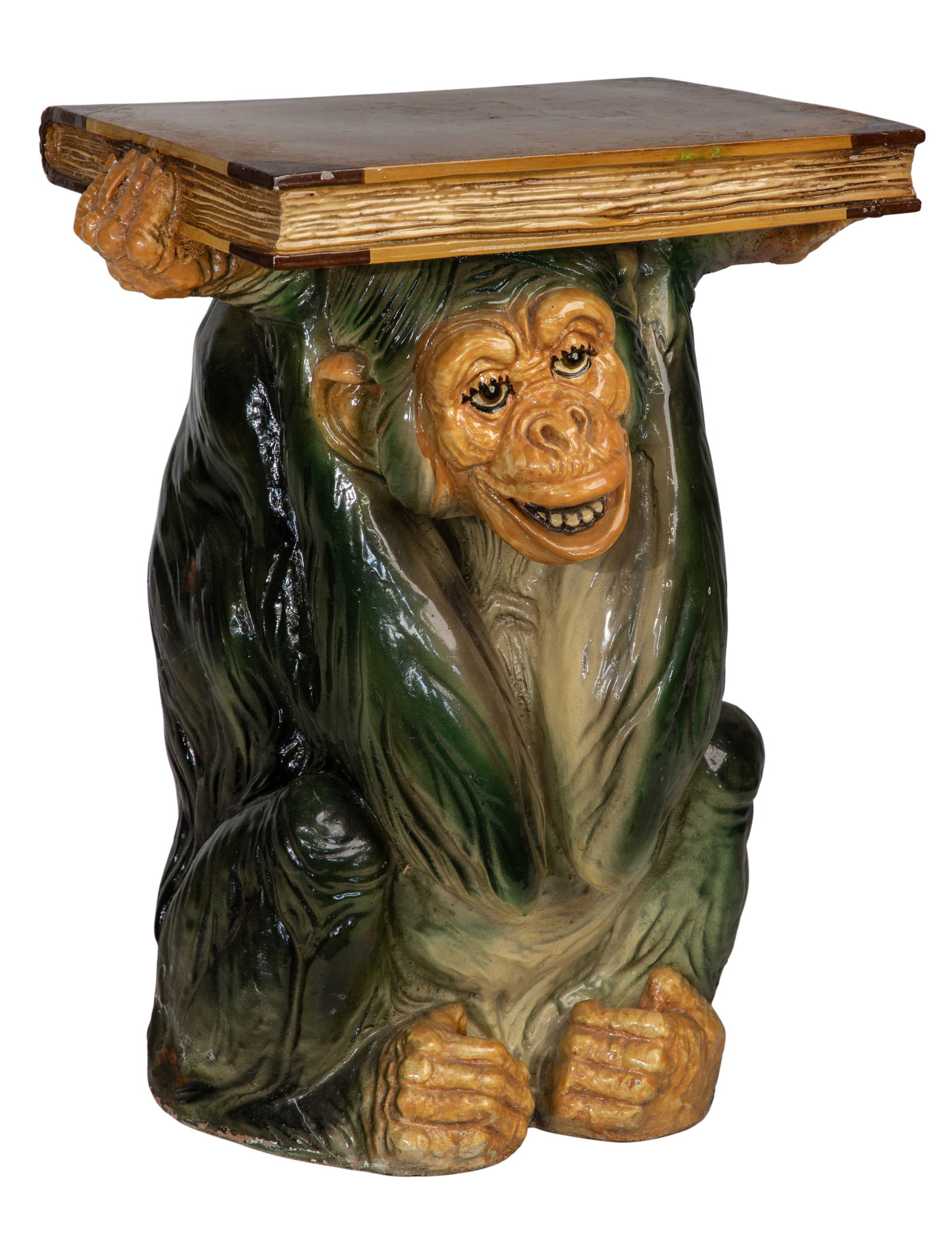 Painted Resin Chimpanzee Pedestal: Painted Resin Chimpanzee Pedestal An unmarked pedestal depicting an ape holding a book on its head Property from: an Estate, Madison, Wisconsin Height: 19 1/4 inches, Width: 14 1/2 inches, Depth: 12 i