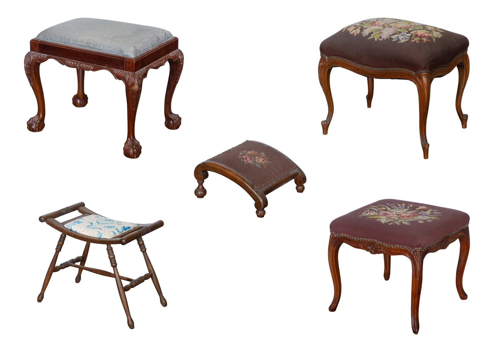 Upholstered Ottoman Assortment: Upholstered Ottoman Assortment (5) items of various shapes, sizes and styles, three having needlepoint upholstery Property from: a Private Collector, Wheaton, Illinois Height: 18 inches, Width: 23 inc