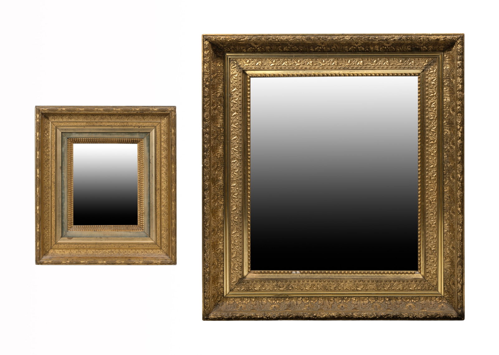 Gilt Wood Wall Mirrors: Gilt Wood Wall Mirrors (2) items, both having gold-tone composite on wood frames, the smaller being 9.5 x 7.5-inches in an 18 x 16-inch frame Property from: a Private Collector, Wheaton, Illinois Heig