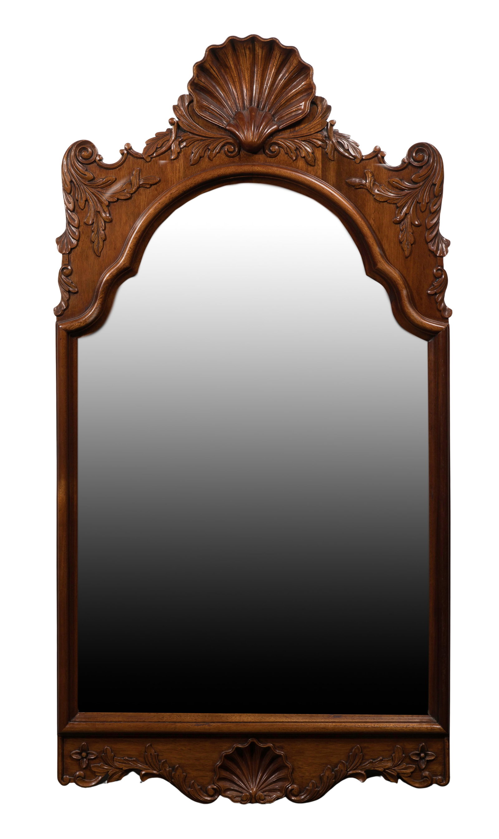 Walnut Georgian Style Wall Mirror: Walnut Georgian Style Wall Mirror Arched beveled glass in a frame having scallop shell crest and apron Property from: a Private Collector, Wheaton, Illinois Height: 34 inches, Width: 22 inches (sight,