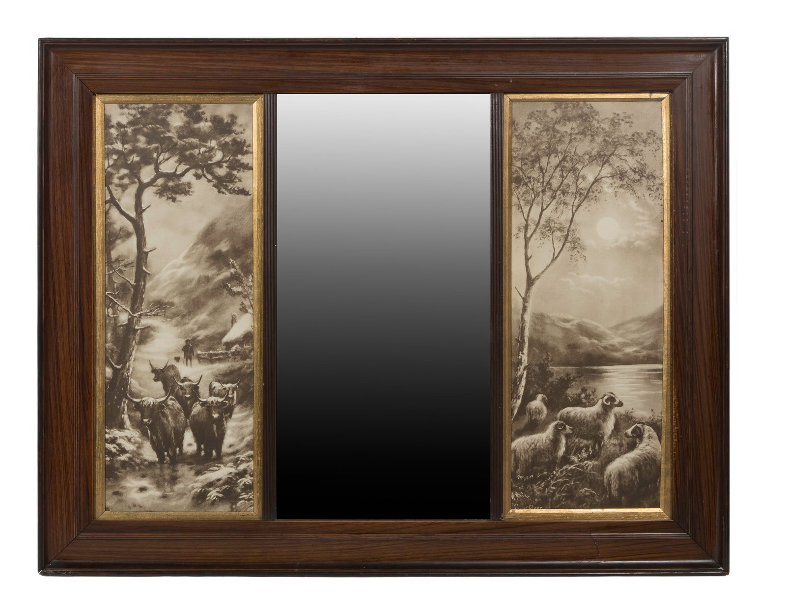 Triptych Wall Mirror: Triptych Wall Mirror Mirror flanked by a depiction of cattle and herder on the left and sheep on the right (each 22 x 8-inches), numbered 'B40' and 'B39' respectively, indistinct signature partially