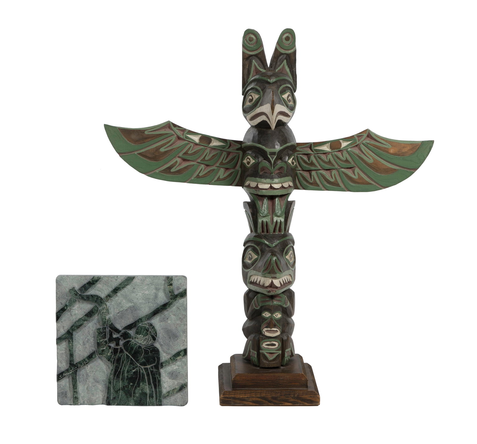 Carved Plaque and Totem Pole: Carved Plaque and Totem Pole (2) items including a Bennet Sculptors Inc. pictorially carved marble plaque titled 'Sounding the Shofar' having engraved signature of S. Bennett and Hebrew blessing as we