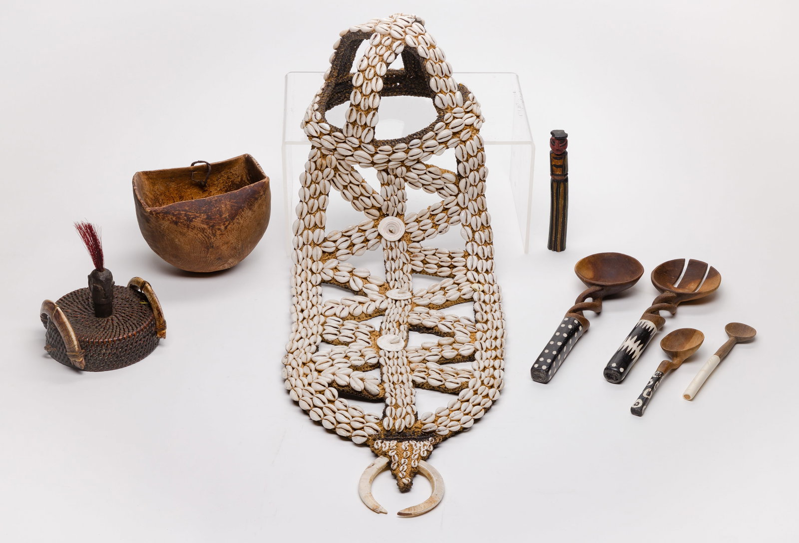 Papua New Guinea Cowrie Shell Bridal Headpiece: Papua New Guinea Cowrie Shell Bridal Headpiece (8) total items including the headpiece of woven raffia having shell attachments throughout; together with an African Turkana wood bowl, (4) East African