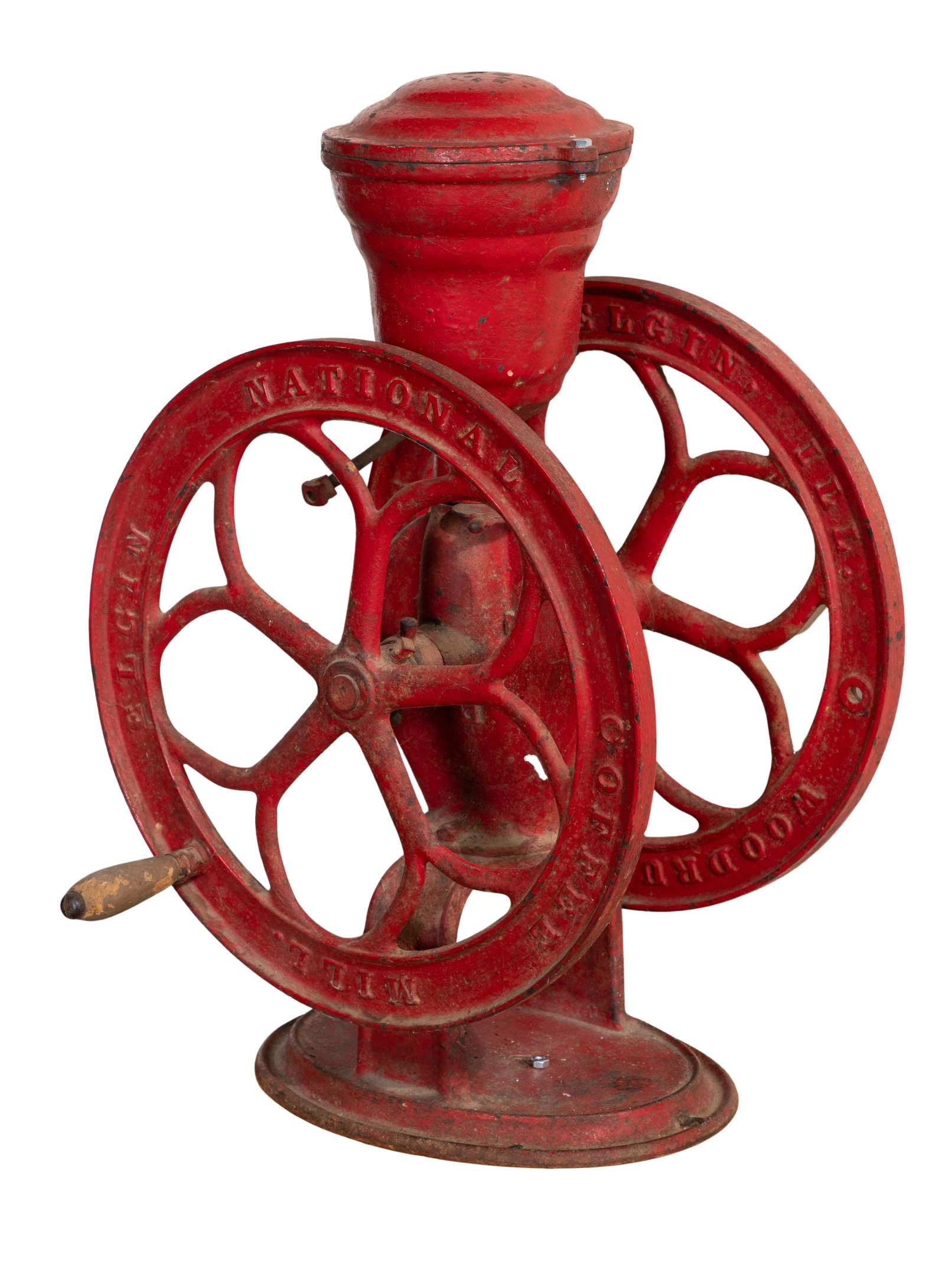 Elgin National Dual Wheel Coffee Mill: Elgin National Dual Wheel Coffee Mill Having cast 'Elgin National Coffee Mill' and 'Woodruff & Edwards Co. Elgin Ill.' on opposite sides of each wheel Property from: a Private Collector, Wheaton, Illi