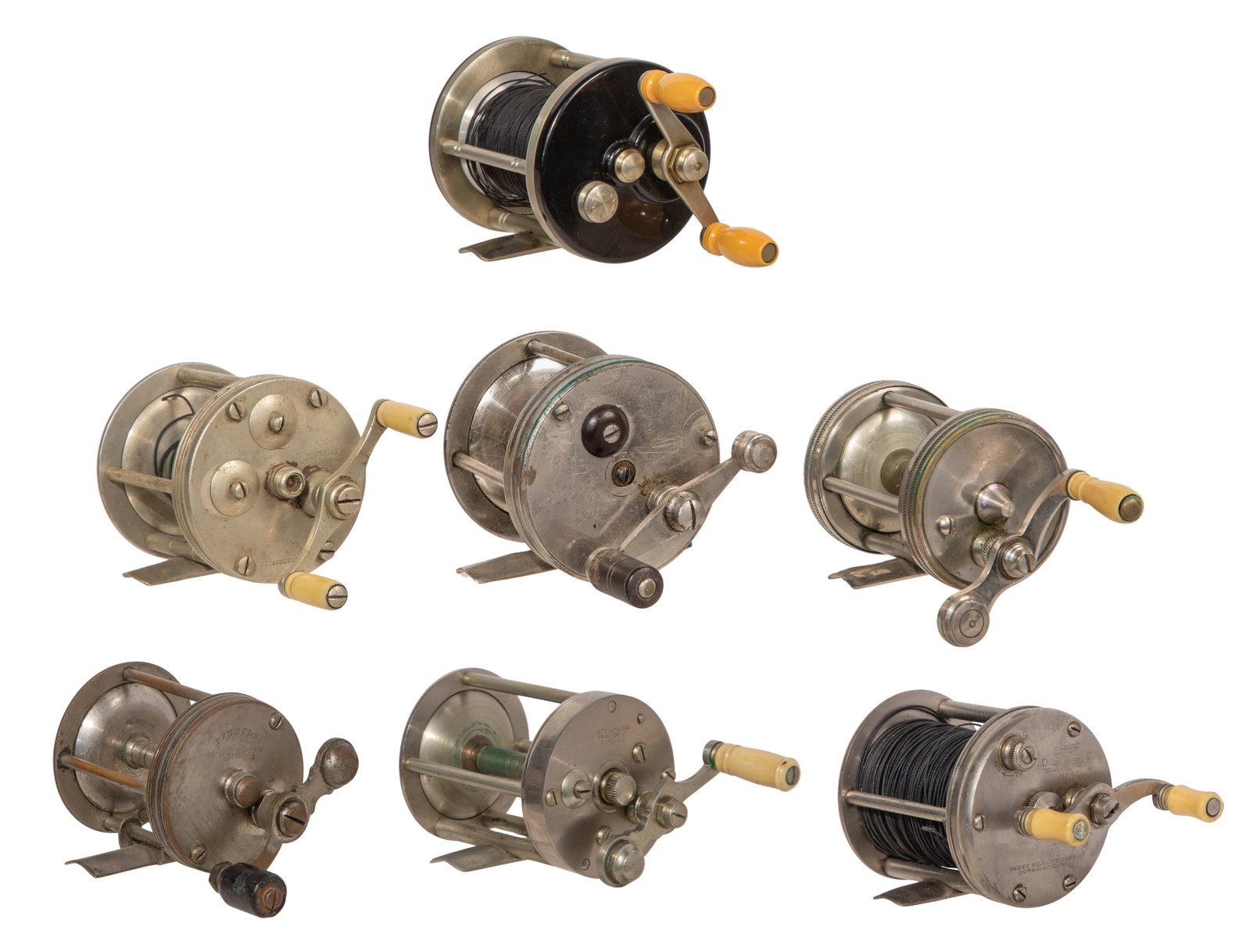 Fishing Reel Assortment: Fishing Reel Assortment (7) items of various sizes from makers such as J. A. Coxe , B. C. Milman, Abby and Imbriel, Takapart, Horton, James Heddron's Sons and Pennel Property from: a Private