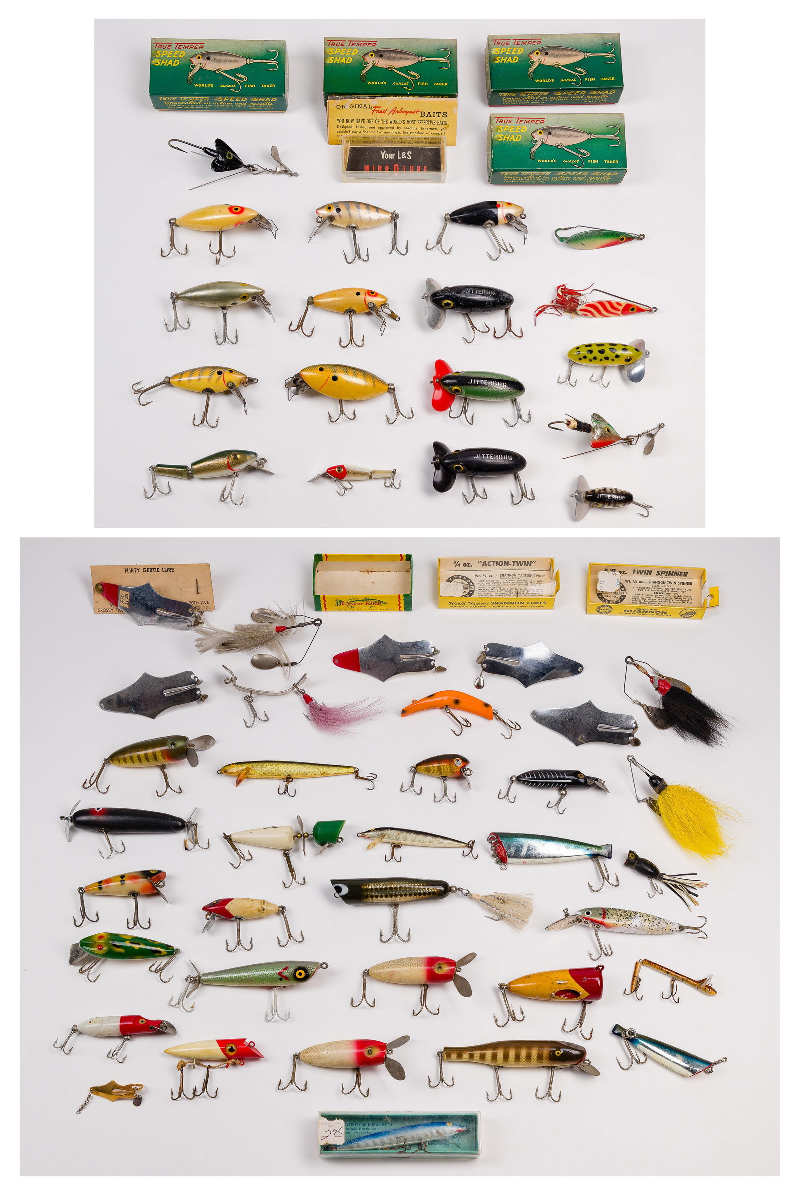 Fishing Lure Assortment: Fishing Lure Assortment (51) including some produced by Fred Arbogast, True Temper, L&S and various other makers, some having original boxes Property from: a Private Collector, Wheaton, Illinois