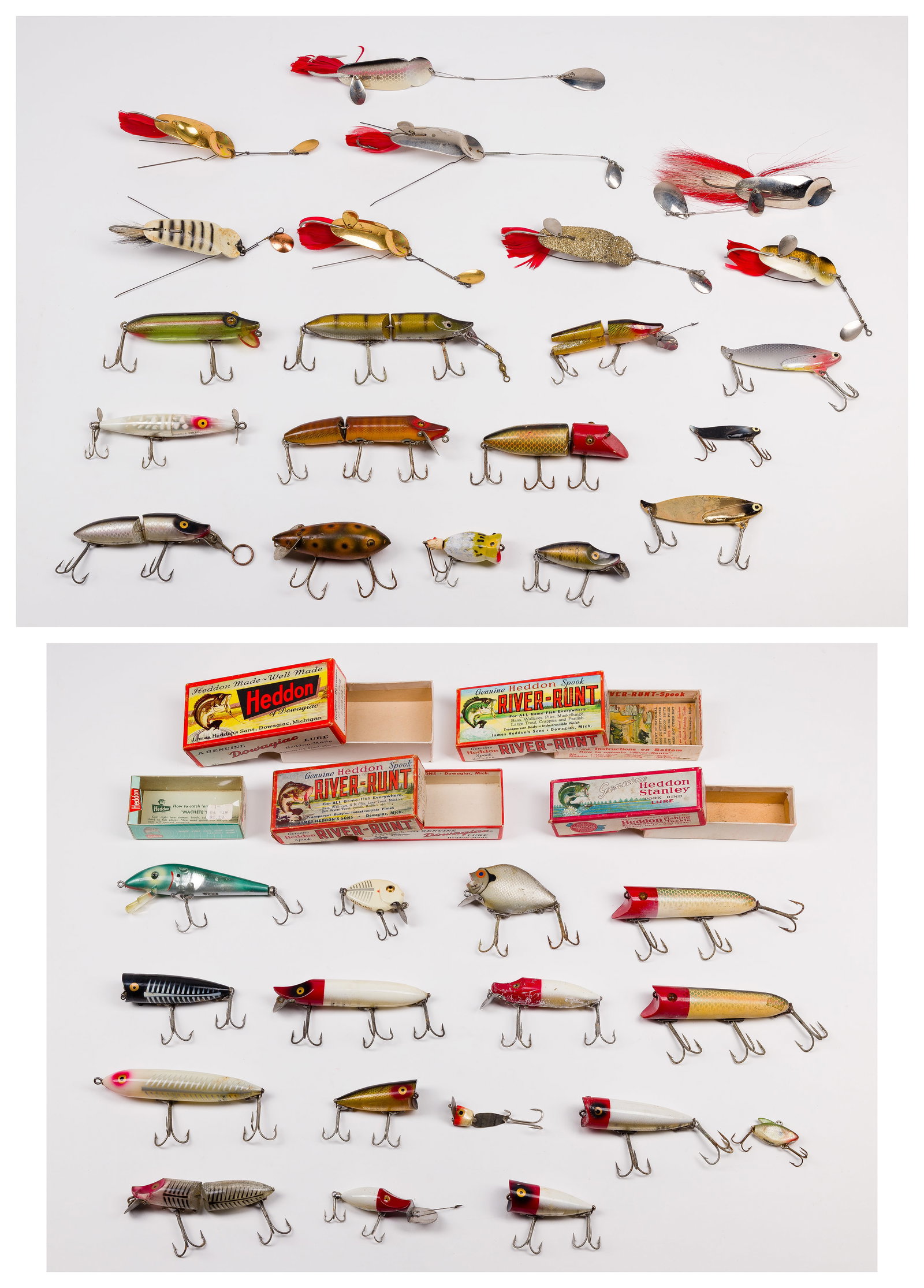 Heddon Fishing Lure Assortment: Heddon Fishing Lure Assortment (36) items of various materials, some having original boxes Property from: a Private Collector, Wheaton, Illinois Length: 5 inches (longest lure) Condition: some lures