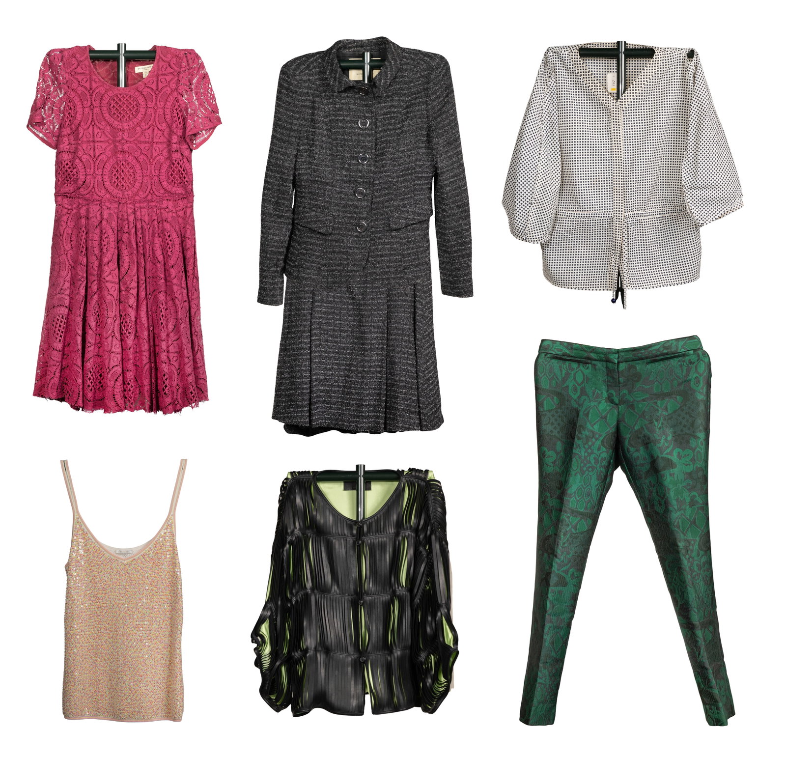 Designer Clothing Assortment: Designer Clothing Assortment (6) items including a Burberry short-sleeve flared lace dress, tweed skirt suit and prorsum green jacquard pants, an Armani black pleated jacket with lime green accents, a