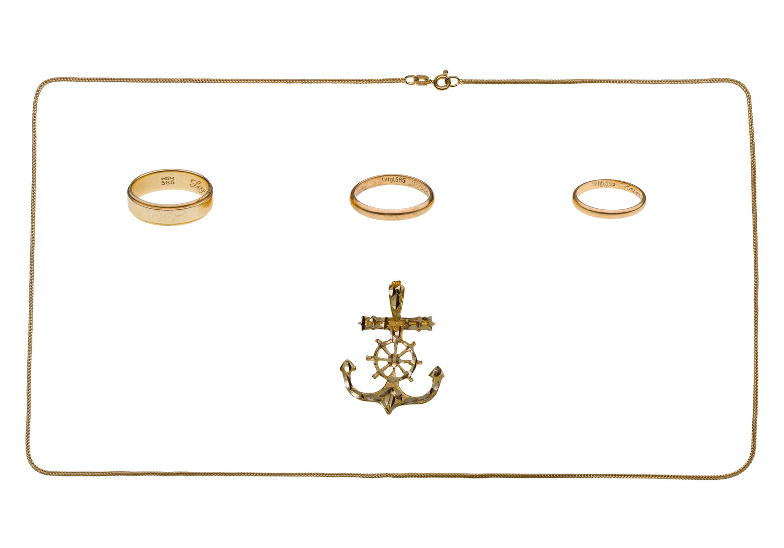 14k Yellow Gold Jewelry Assortment: 14k Yellow Gold Jewelry Assortment (5) items including (3) band rings, a 0.125-inch wide wheat link necklace and an anchor pendant (marked '14k' / '585') Property from: an Estate, Mount Prospect,
