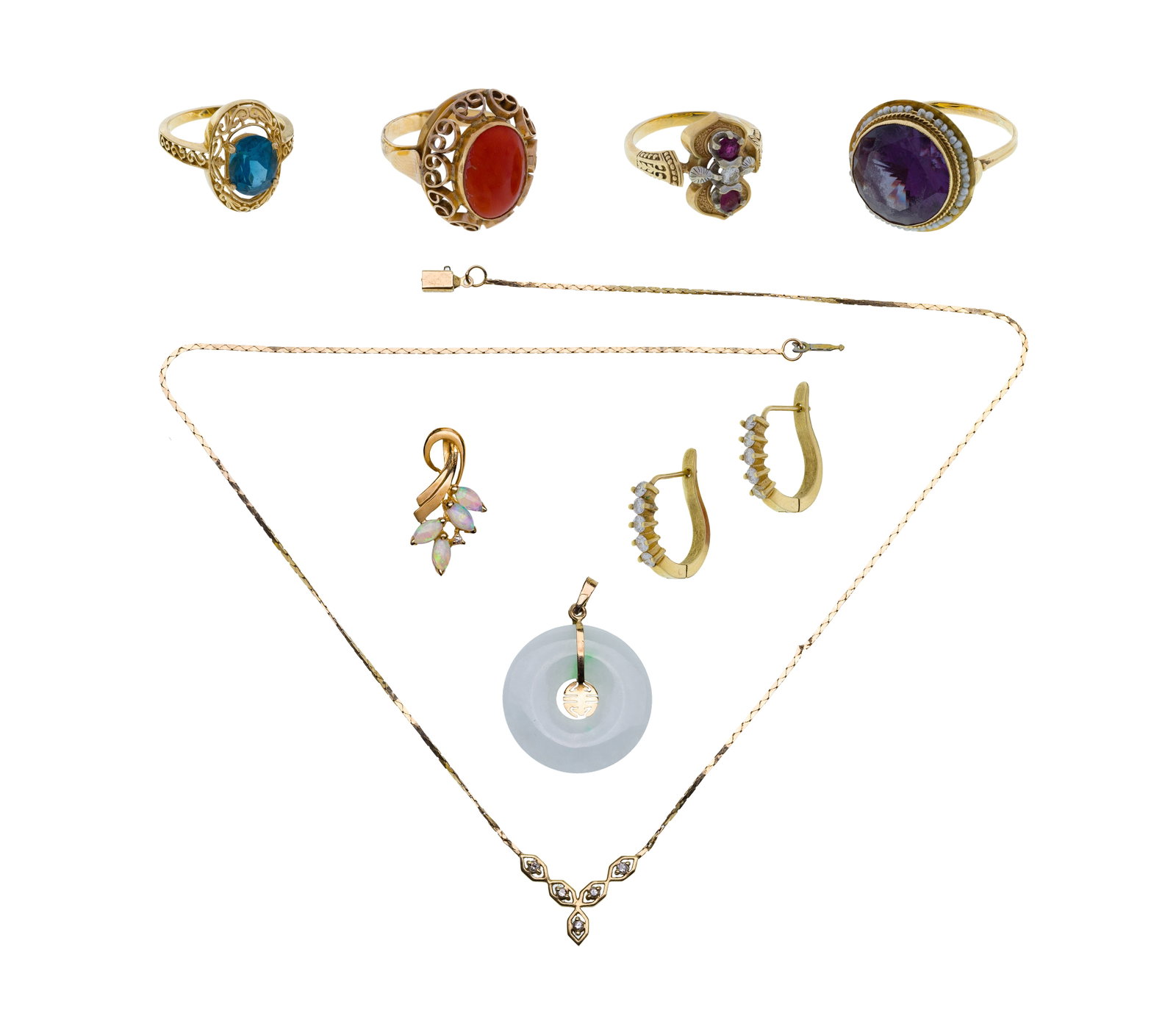 14k Yellow Gold Jewelry Assortment: 14k Yellow Gold Jewelry Assortment (8) items including (4) rings having blue topaz, coral, ruby and diamond and amethyst and seed pearls, a pendant having opals, a necklace having an attached diamond 