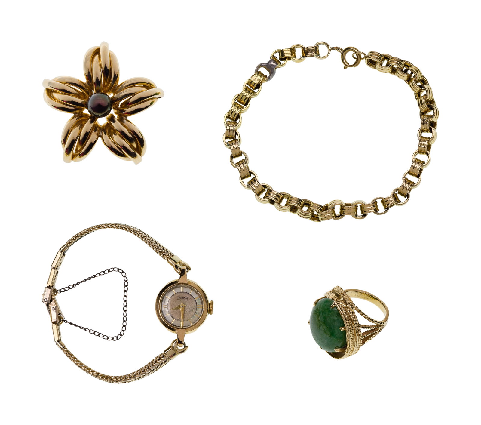 14k Gold Jewelry Assortment: 14k Gold Jewelry Assortment (4) items including an approximately 19mm x 14mm jadeite jade statement ring, an O-link style bracelet, a flower pin having center grey pearl and a wristwatch case (all mar