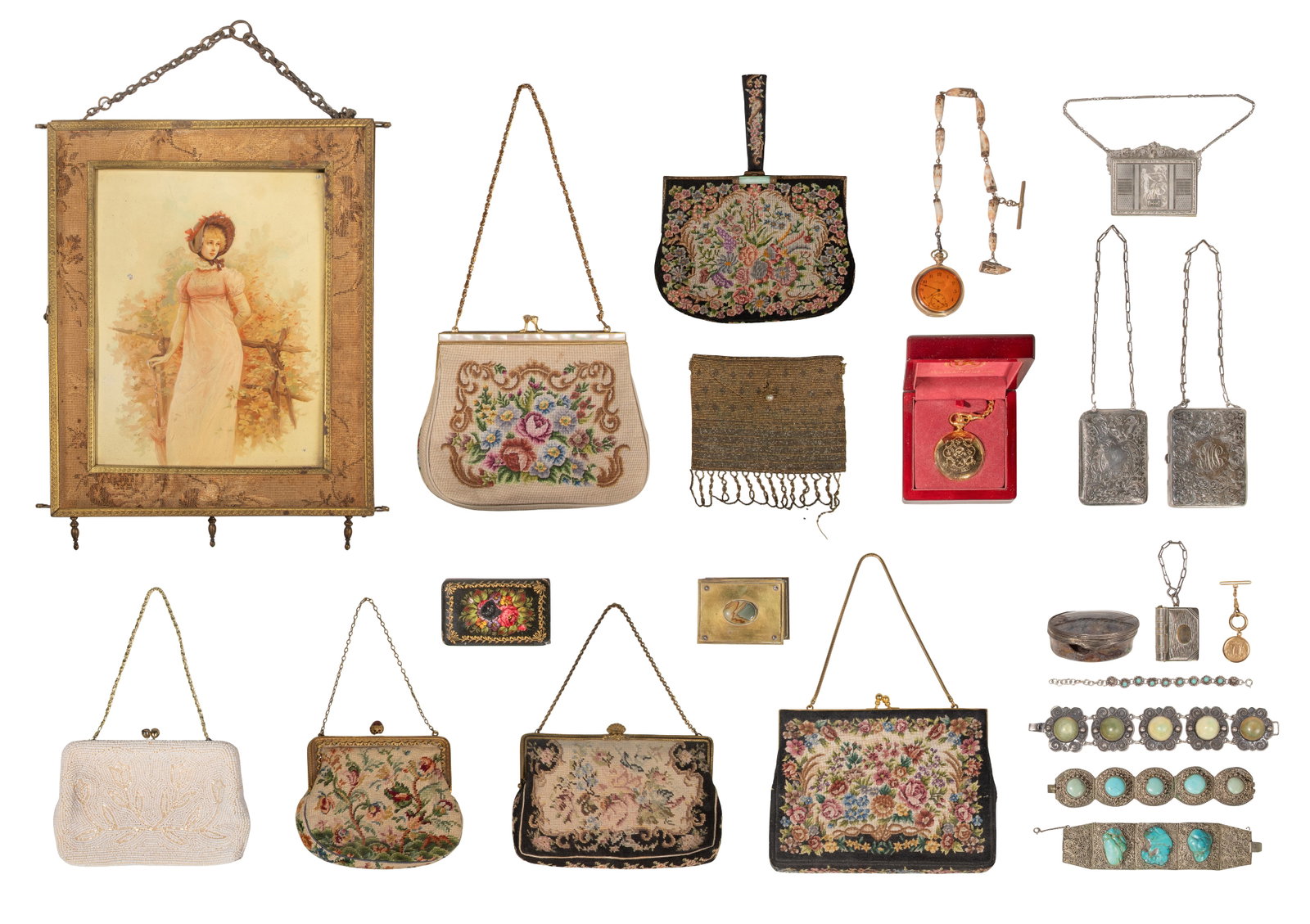Gold, Silver, Costume Jewelry and Purse Assortment: Gold, Silver, Costume Jewelry and Purse Assortment Including a vest locket (marked '585'), (2) stone bracelets (unmarked sterling), an agate trinket box (unmarked 830) as well as various needlepoint