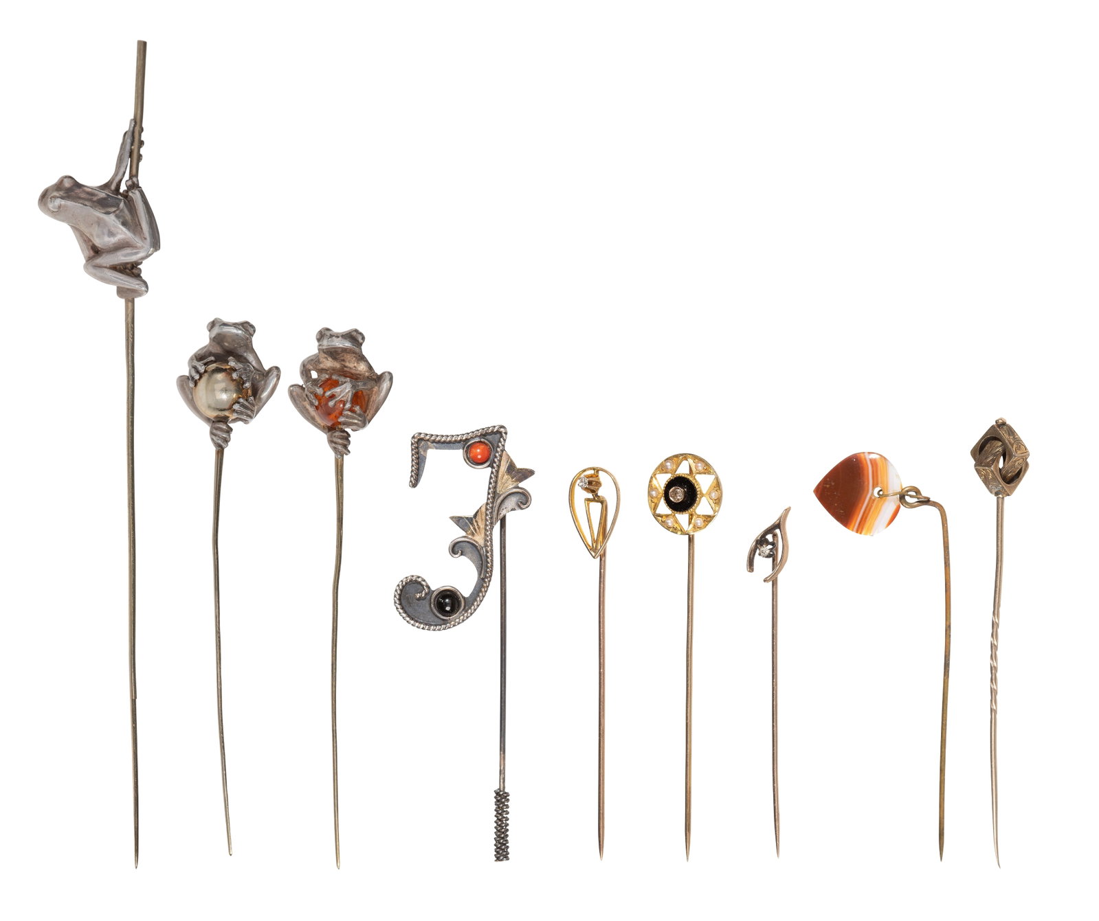 Martin Baker Sterling Silver Frog Stick Pins: Martin Baker Sterling Silver Frog Stick Pins (9) total items including a frog climbing a reed and (2) frogs carefully holding spherical elements (hallmarked for Martin Baker and marked '925');