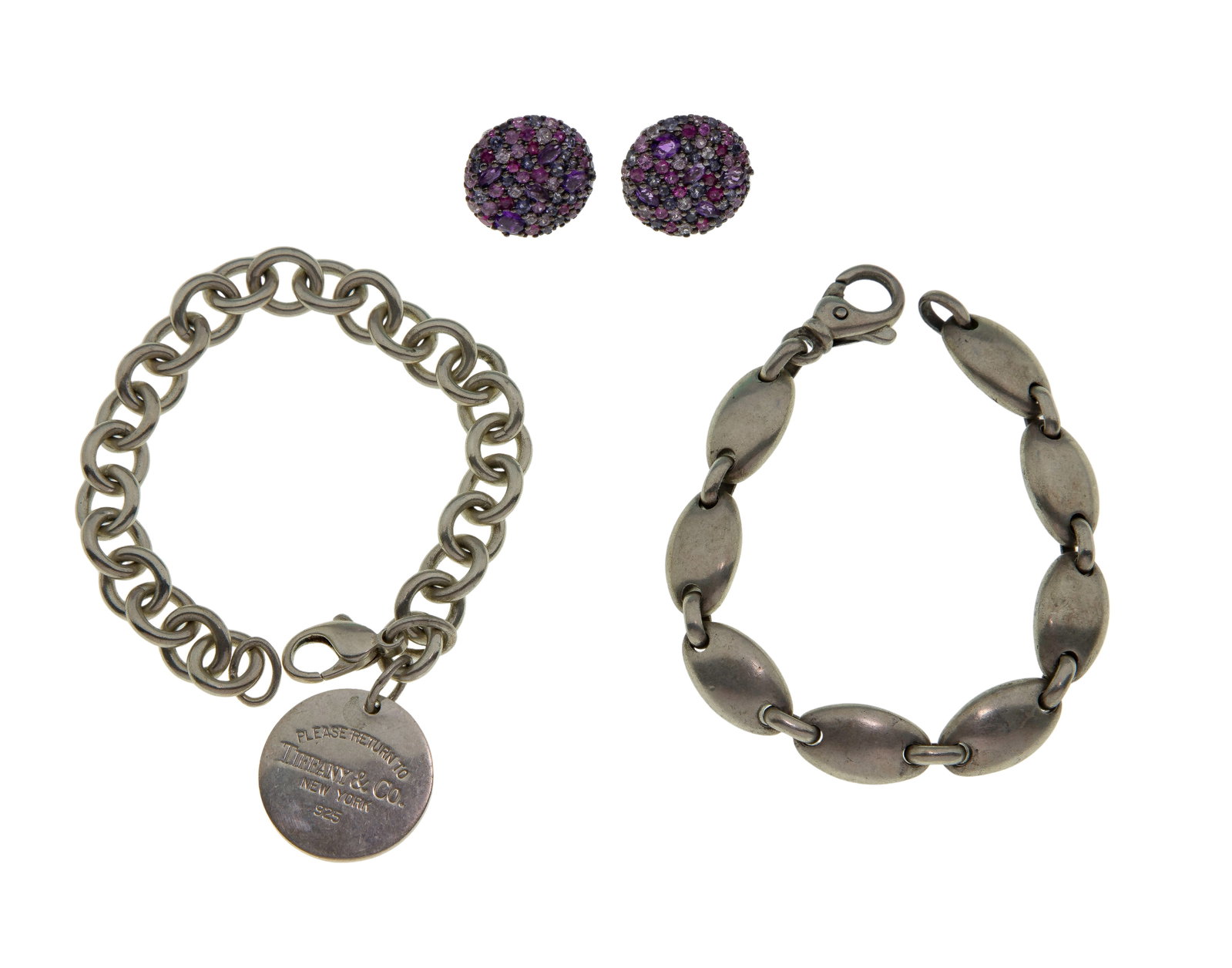 Tiffany & Co. Bracelets and John Hardy Earrings: Tiffany & Co. Bracelets and John Hardy Earrings (3) items including a Pebble Oval bracelet and a Return to Tiffany round charm bracelet, both marked 'Tiffany & Co.' and having boxes as well as a pair 