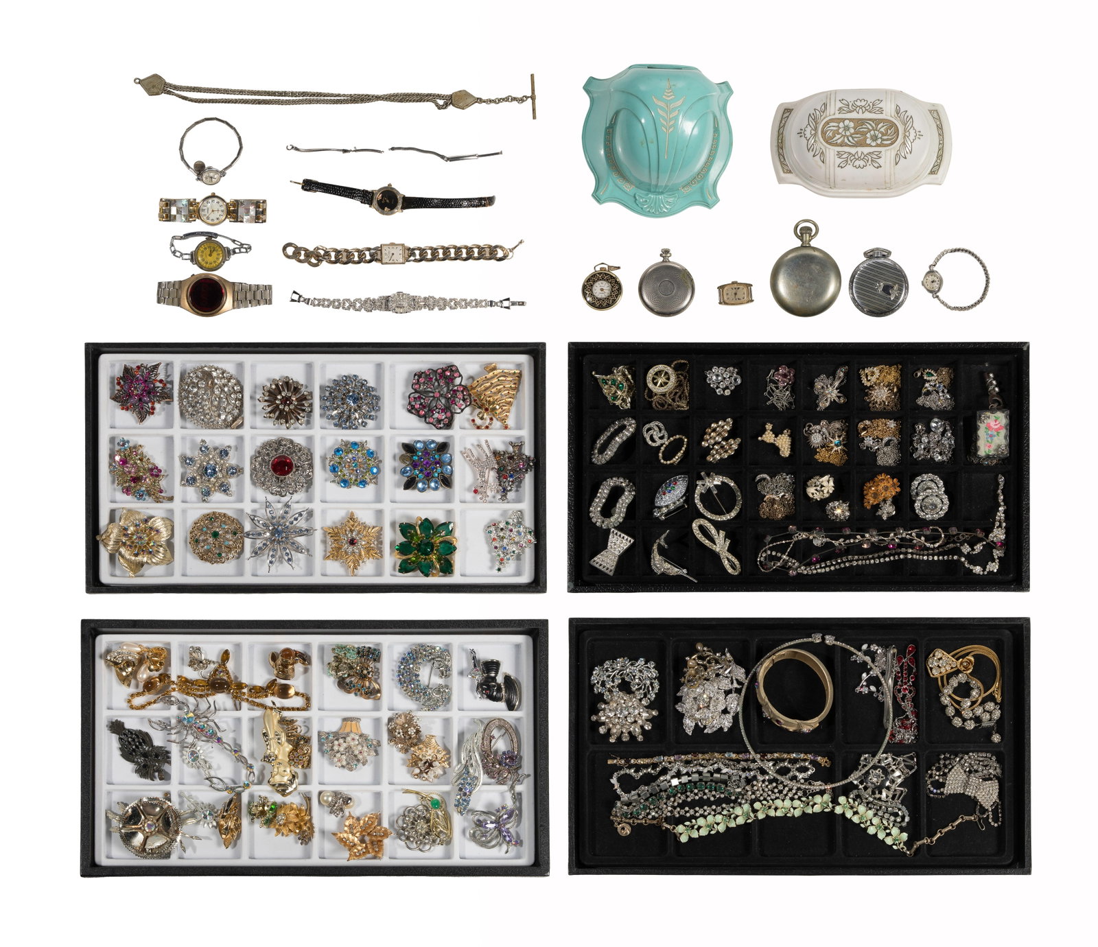 Rhinestone Jewelry and Watch Assortment: Rhinestone Jewelry and Watch Assortment Approximately (8) pounds of fashion jewelry including necklaces, pins, rings, pendants, bracelets and watches, most having rhinestones Property from: a Private 