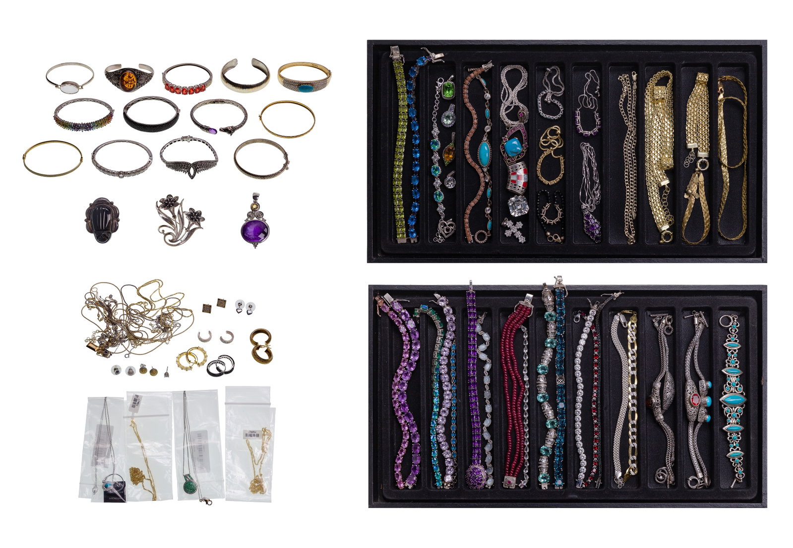 Sterling Silver Jewelry Assortment: Sterling Silver Jewelry Assortment Including (40) bracelets, necklaces (some matched sets), pendants and earrings, almost all having stone / gemstone adornments (all marked 'sterling' / '925')