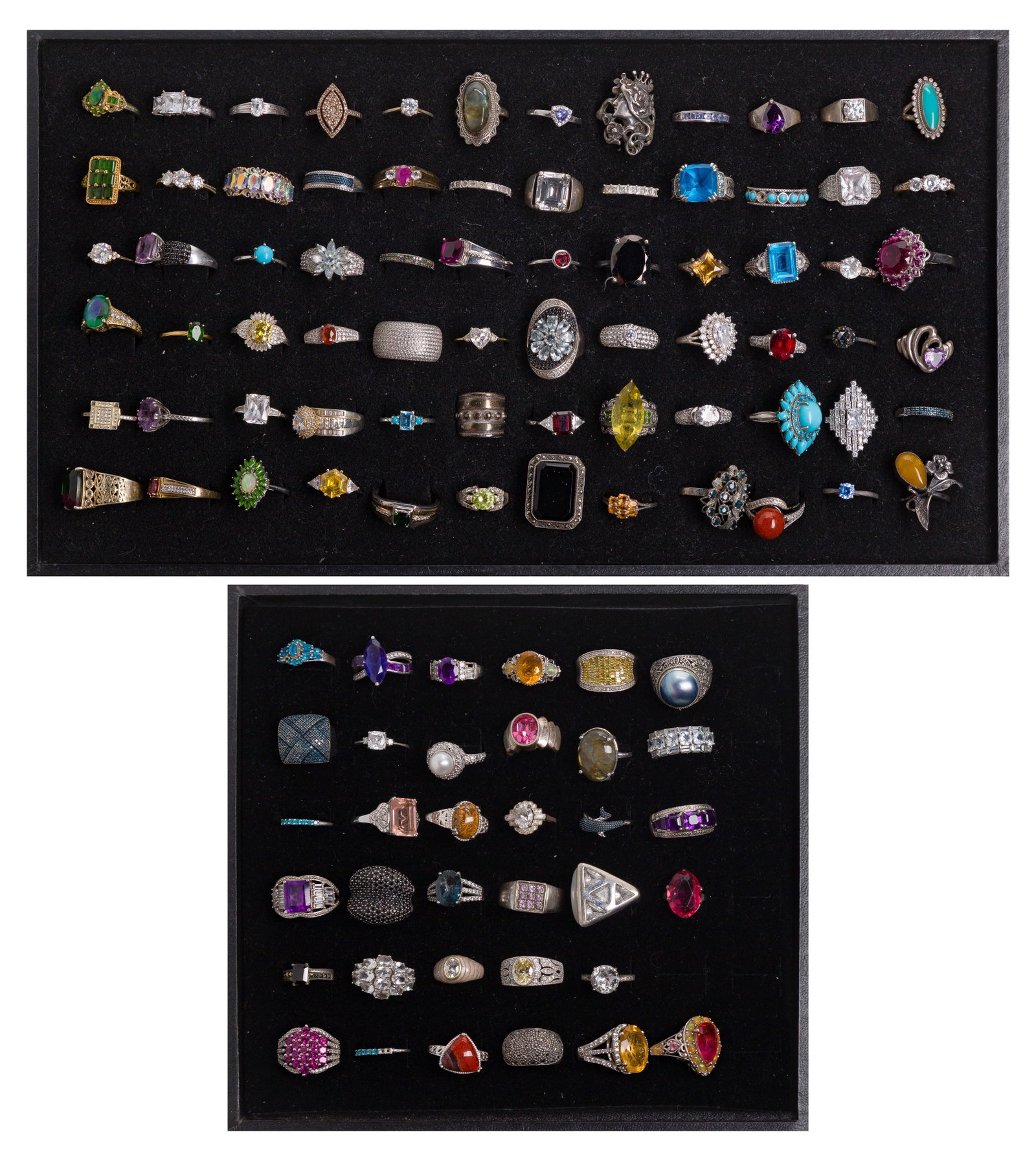 Sterling Silver Ring Assortment: Sterling Silver Ring Assortment Over (100) rings, almost all having adornments in stone / gemstone, some figural (all marked 'sterling' / '925') Property from: a Private Collector, Chicago (Rogers