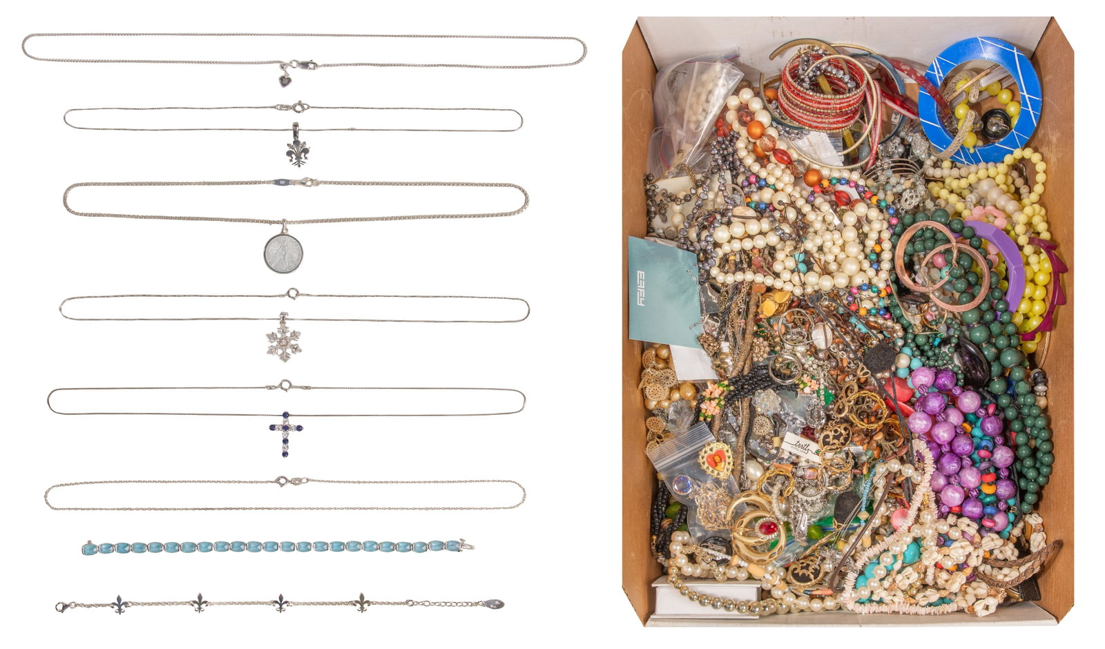 Gold, Sterling Silver and Costume Jewelry Assortment: Gold, Sterling Silver and Costume Jewelry Assortment Including a light blue sapphire tennis bracelet (marked '14k'), (5) necklaces and a bracelet (marked '925') as well as approximately (14) pounds of