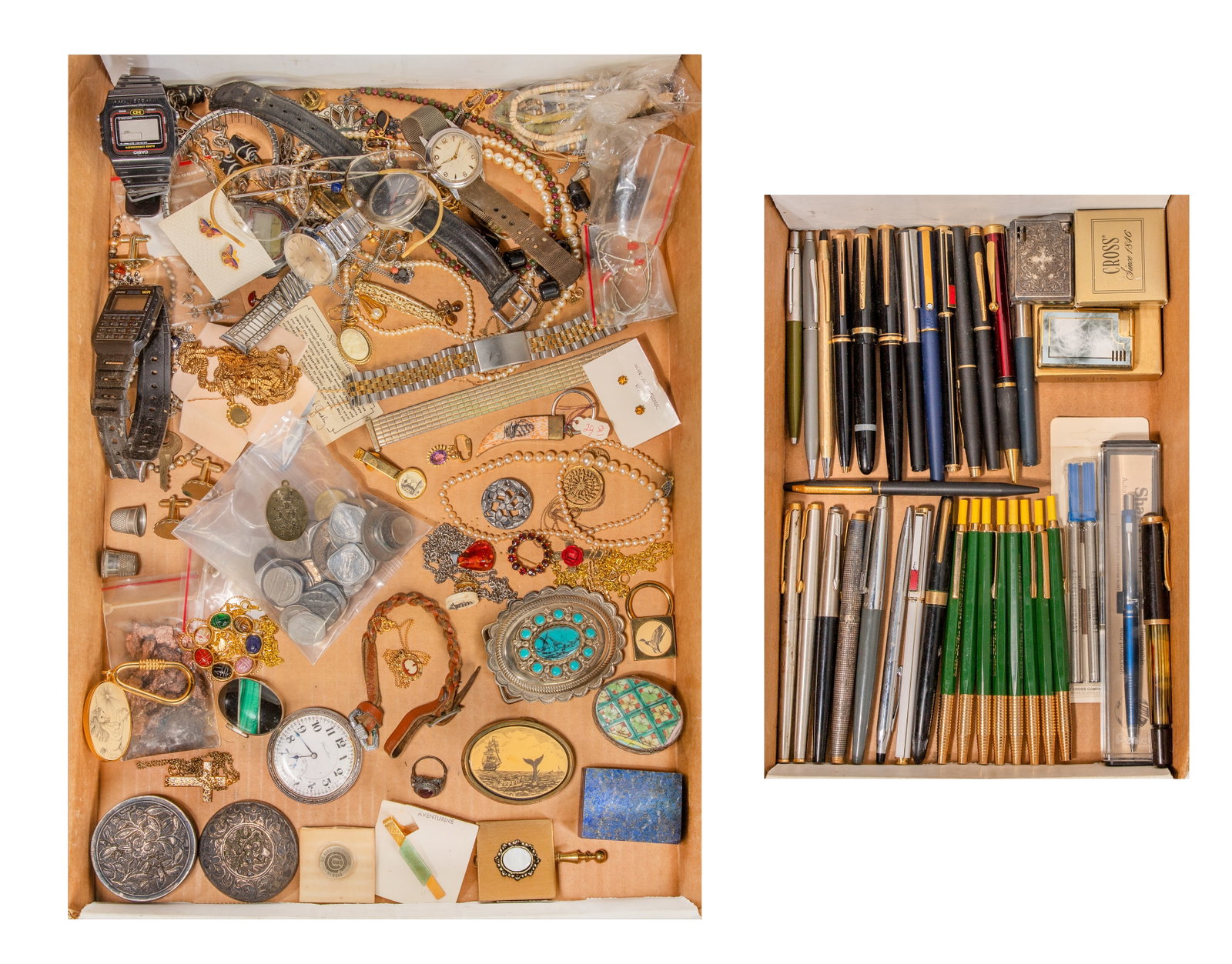 Costume Jewelry, Coins and Pen Assortment: Costume Jewelry, Coins and Pen Assortment Including approximately (25) pens and pencils of various shapes, sizes, some having advertisements, makers such as Cross, Mont Blanc, Faber-Castill, Parker