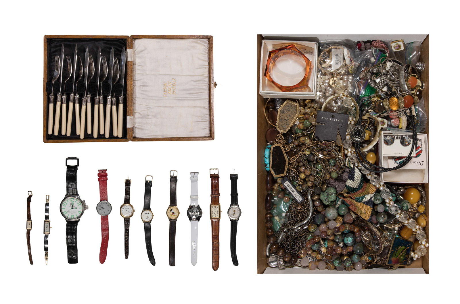 Costume Jewelry Assortment: Costume Jewelry Assortment Approximately (14) pounds of fashion jewelry including necklaces, bracelets, earrings, pins, rings and watches; together with a boxed set of (6) silver mounted knives and fo