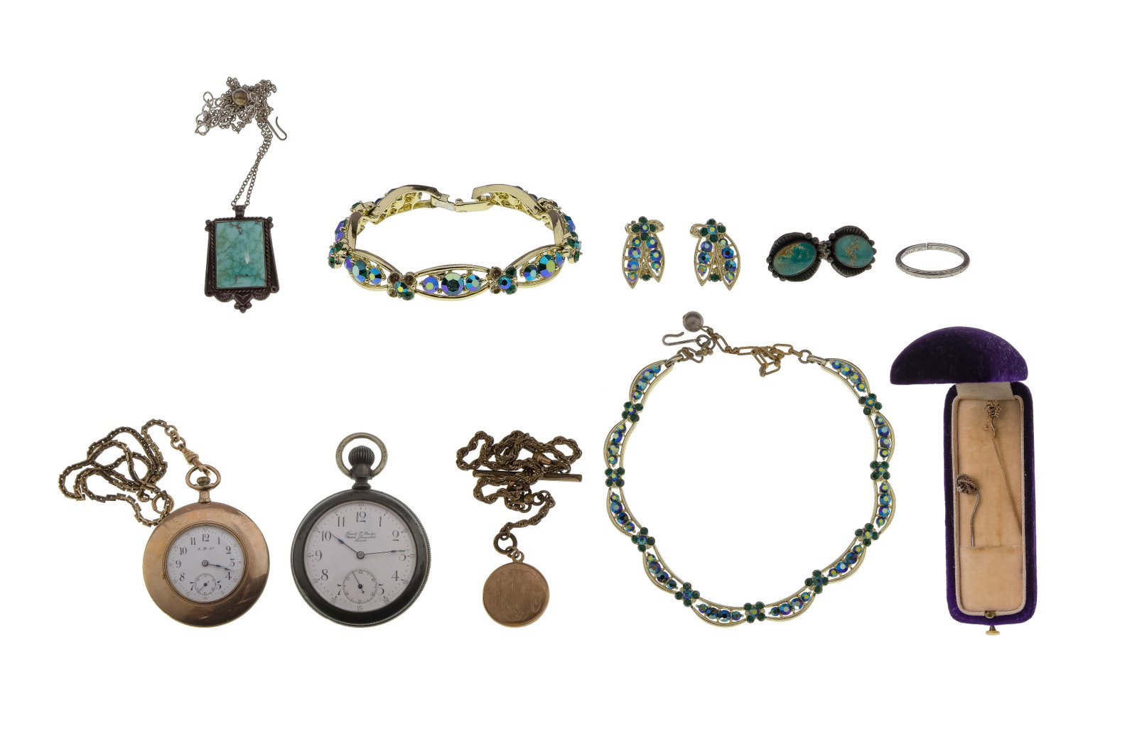 Platinum and Costume Jewelry Assortment: Platinum and Costume Jewelry Assortment Including a band style ring (unmarked 90% platinum) as well as approximately (1.5) pounds of fashion jewelry including watches, fobs, stick pins, necklaces