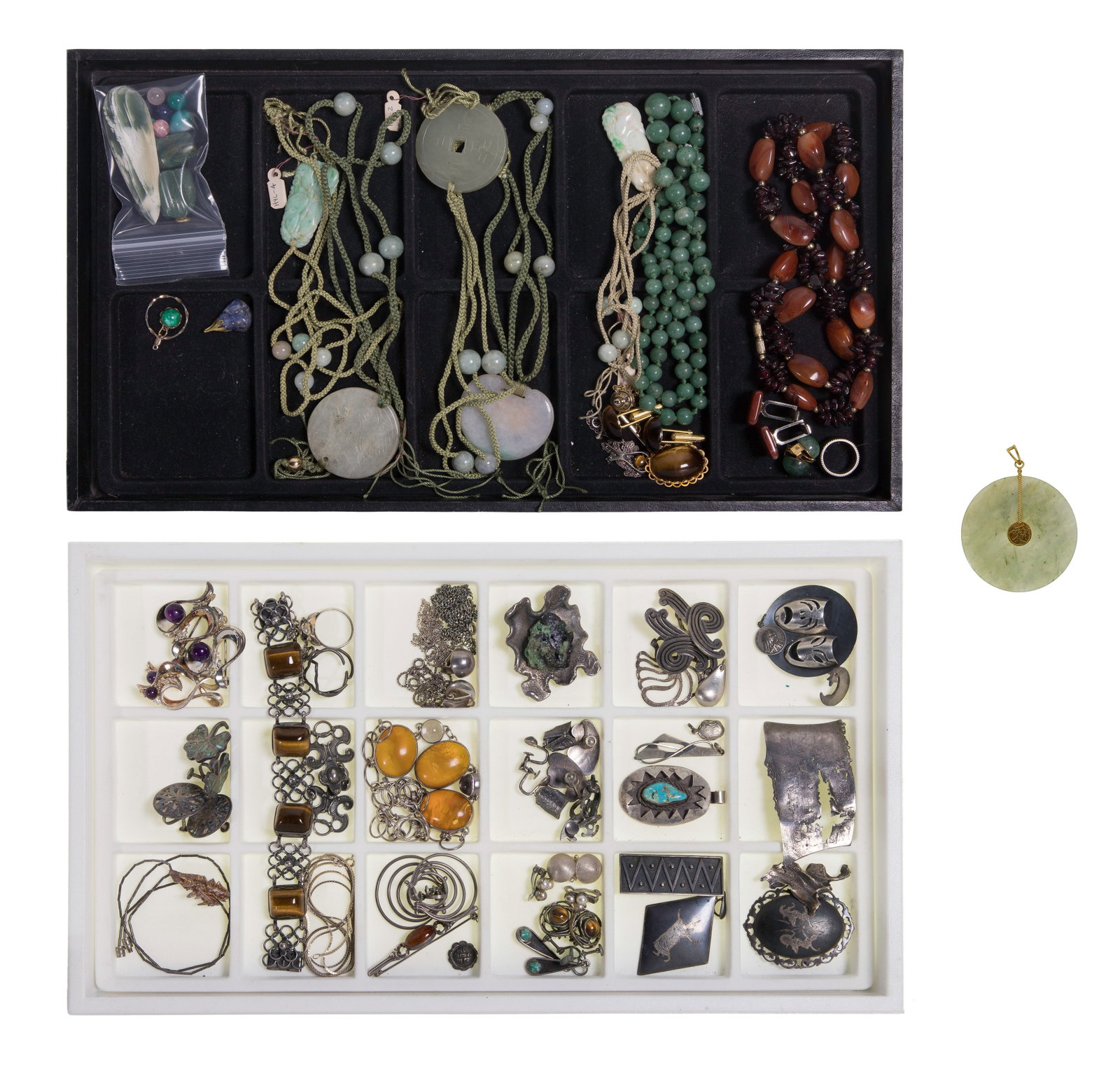 Gold, Sterling Silver and Stone Jewelry Assortment: Gold, Sterling Silver and Stone Jewelry Assortment Including a jadeite jade full moon disc pendant with gold accents (marked '14k'), pins, earrings, bracelets, pendants (some marked '925' /