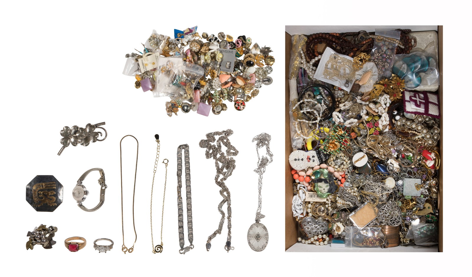 Gold, Sterling Silver and Costume Jewelry Assortment: Gold, Sterling Silver and Costume Jewelry Assortment Including a red stone ring and watch case (marked '14k'), a chain style bracelet (marked '10k') and various pieces such as pins, pendants,