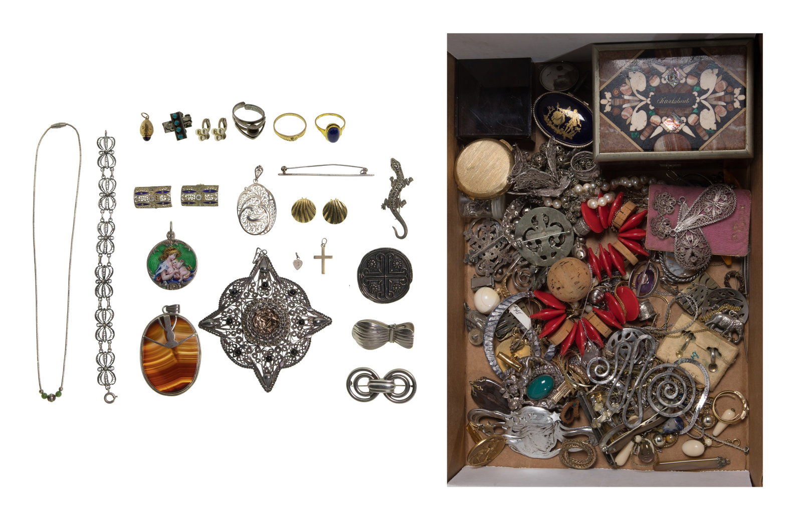 Gold, Silver and Fashion Jewelry Assortment: Gold, Silver and Fashion Jewelry Assortment Including a barrel shaped pendant having an amethyst bead (unmarked 18k), a ring, cross pendant and clip earrings (marked '8k'), bracelets, pins, earrings