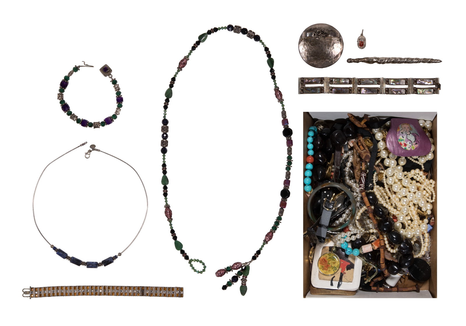 Sterling Silver and Costume Jewelry Assortment: Sterling Silver and Costume Jewelry Assortment Including (2) necklaces and a bracelet (marked '925'), (2) bracelets and a pen (unmarked 900 silver) and approximately (4) pounds of fashion jewelry and