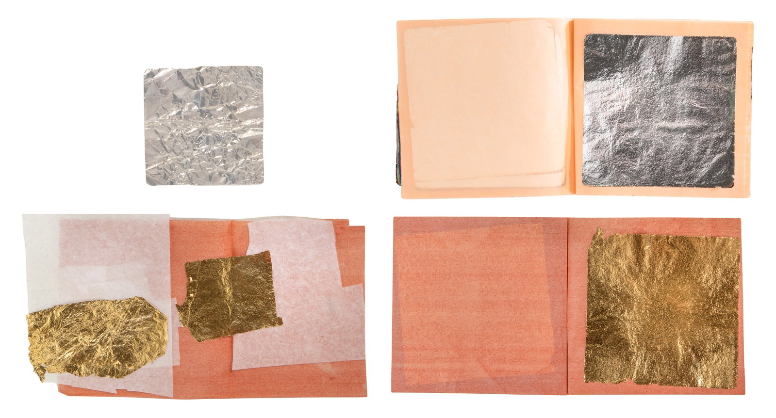 Platinum, Gold and Sterling Silver Foil Assortment: Platinum, Gold and Sterling Silver Foil Assortment Including a single square of heavier gauge platinum, (4) gold leaves and approximately (12) leaves of sterling silver, tissue interleaved Property