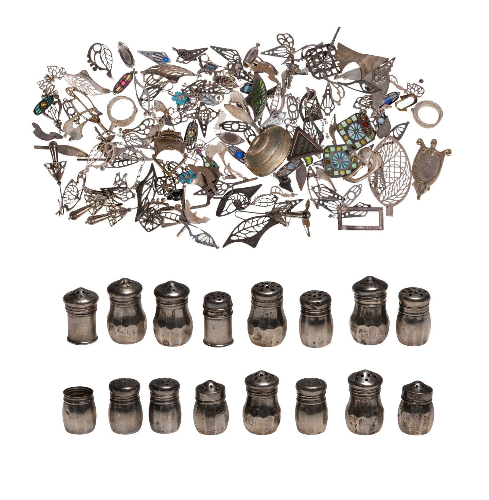 Sterling Silver Jewelry Findings: Sterling Silver Jewelry Findings Approximately (1) pound of findings (most unmarked 0.925); together with (16) individual sterling silver salt / pepper shakers (all marked '925') Property from: an