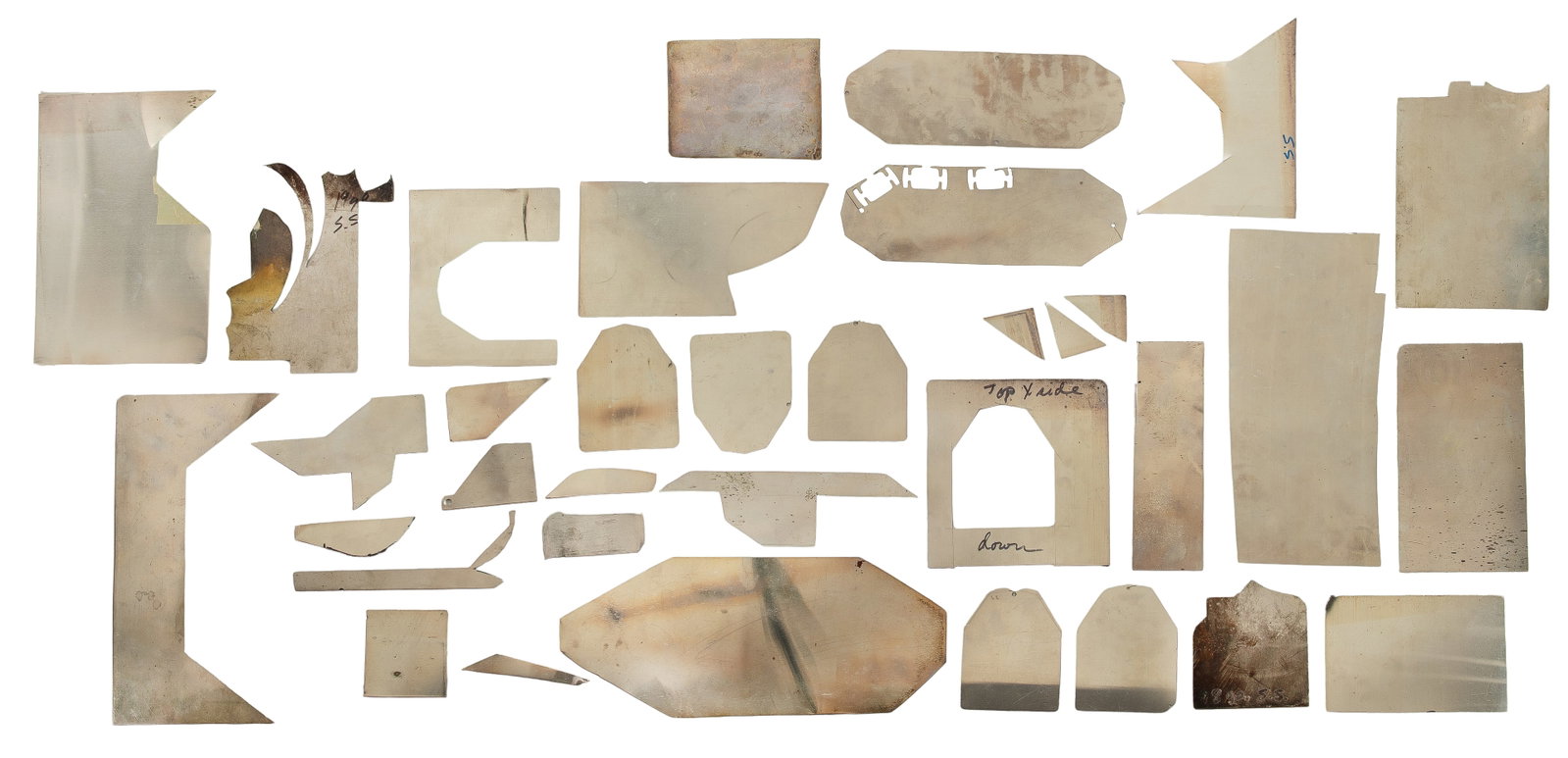 Sterling Silver Sheet Metal: Sterling Silver Sheet Metal Approximately (35) pieces of jeweler's silver sheeting in various sizes and shapes Property from: an Estate Length: 8 1/2 inches, Width: 4 inches (longest) Weight: .925