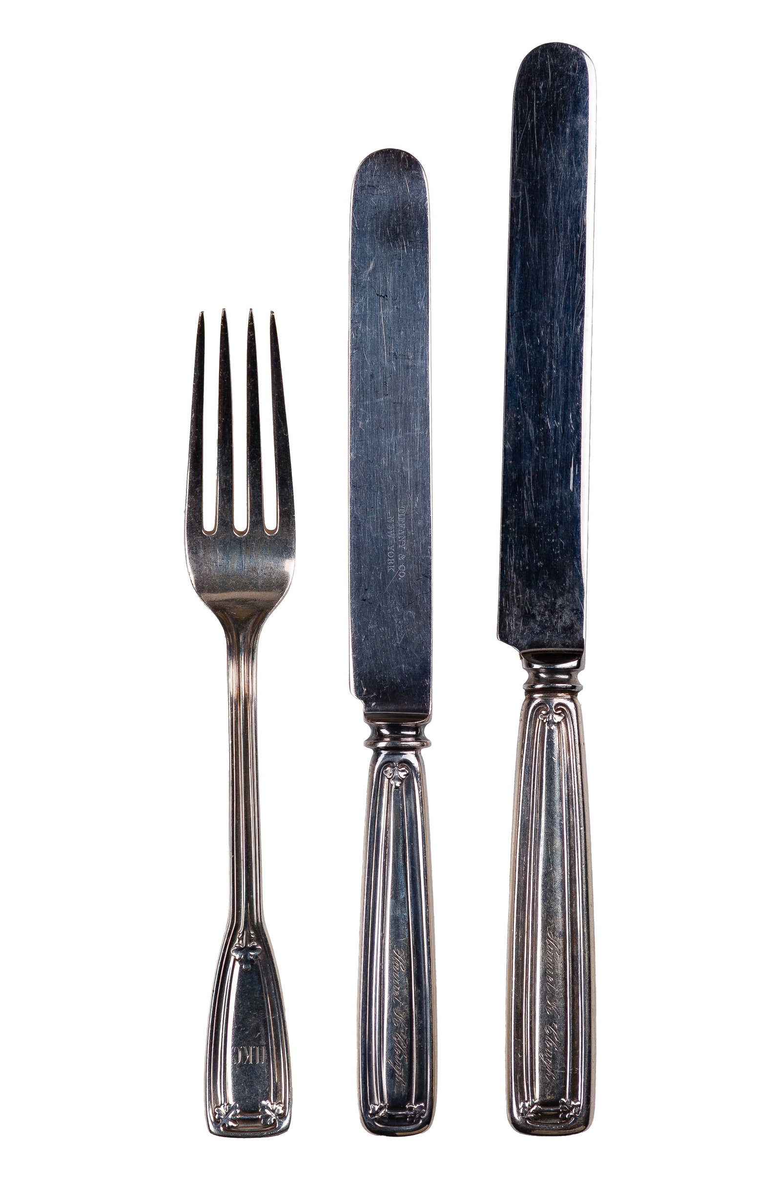 Tiffany & Company St. Dunstan Sterling Silver Flatware Assortment: Tiffany & Company St. Dunstan Sterling Silver Flatware Assortment (37) items including (12) 10-inch old French knives, (13) 9-inch modern dinner knives, (12) 7 3/4-inch dinner forks Property from: a