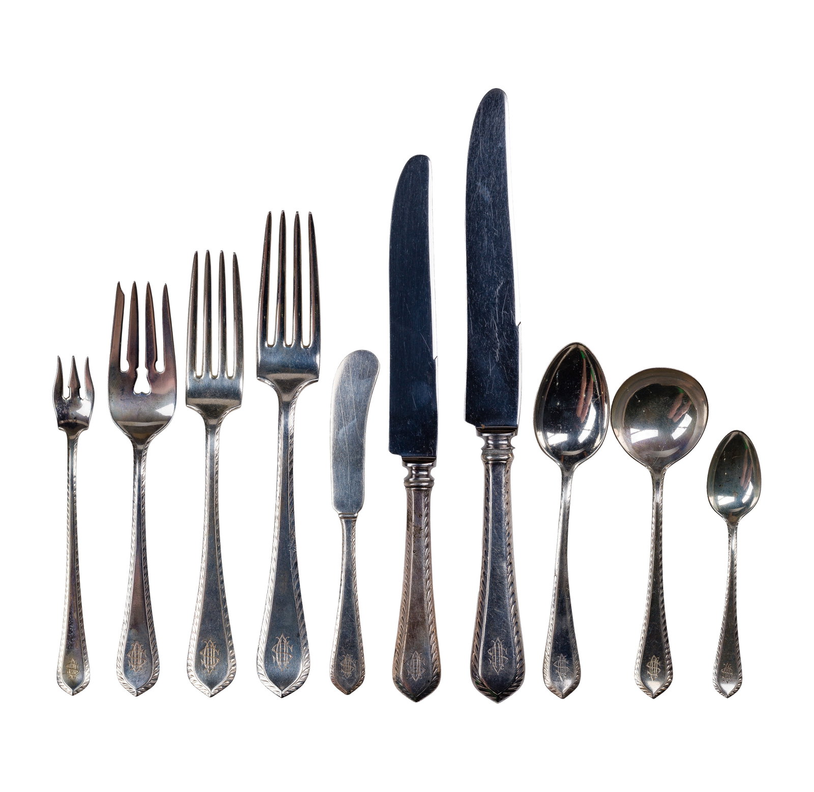 Gorham Old French Sterling Silver Flatware Service: Gorham Old French Sterling Silver Flatware Service (109) items including (10) 9 1/2-inch old French knives, (12) 8 1/2-inch luncheon knives, (4) 5 1/2-inch solid butter knives, (12) 7 3/4-inch dinner 