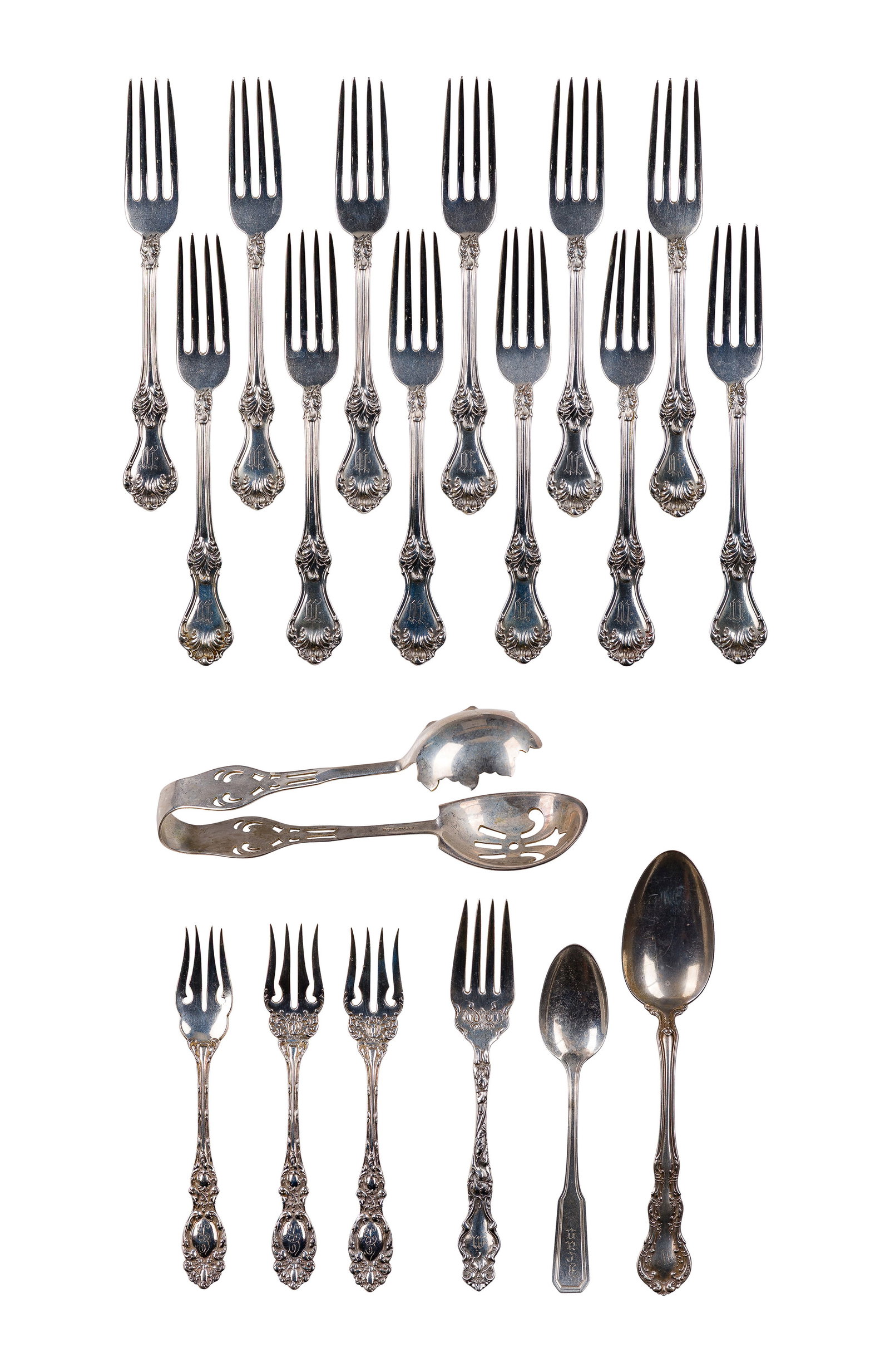 Wallace Sterling Silver Flatware Assortment: Wallace Sterling Silver Flatware Assortment (19) items of various patterns including (12) dinner forks, (4) salad forks, (1) teaspoon, (1) tablespoon and (1) set of tongs (all hallmarked and marked