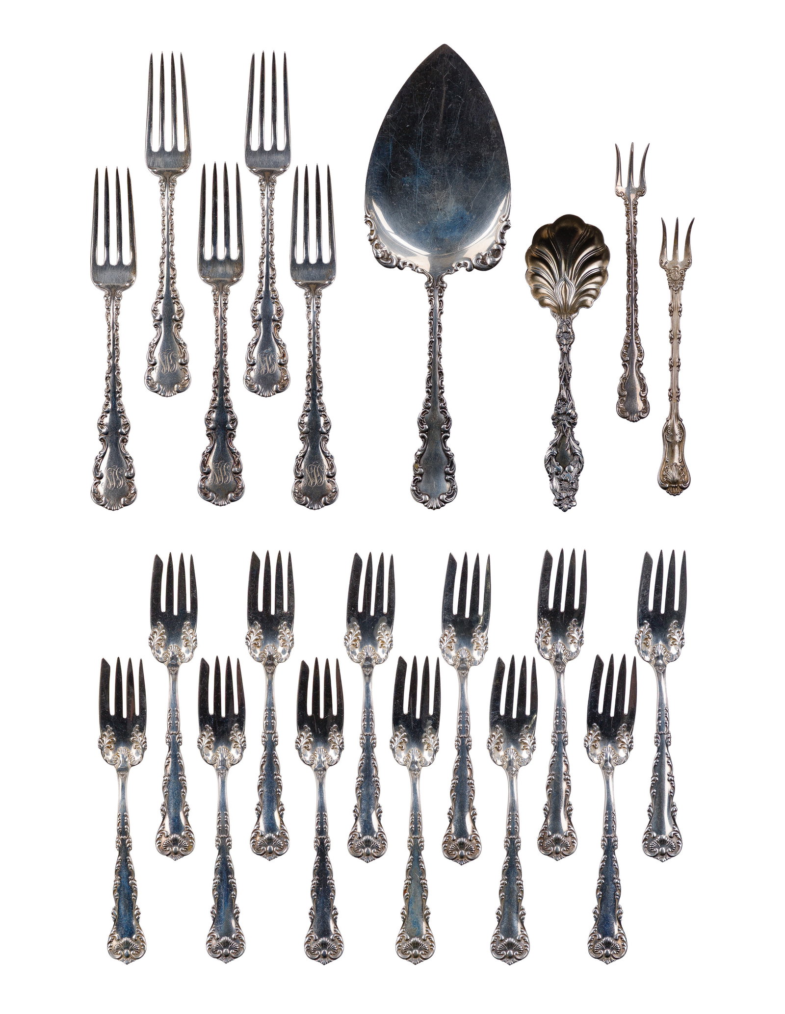 Frank M. Whiting and Whiting Manufacturing Company Sterling Silver Flatware Assortment: Frank M. Whiting and Whiting Manufacturing Company Sterling Silver Flatware Assortment (21) items including (5) dinner knives, (12) salad forks, (2) cocktail forks, (2) serving utensils in various