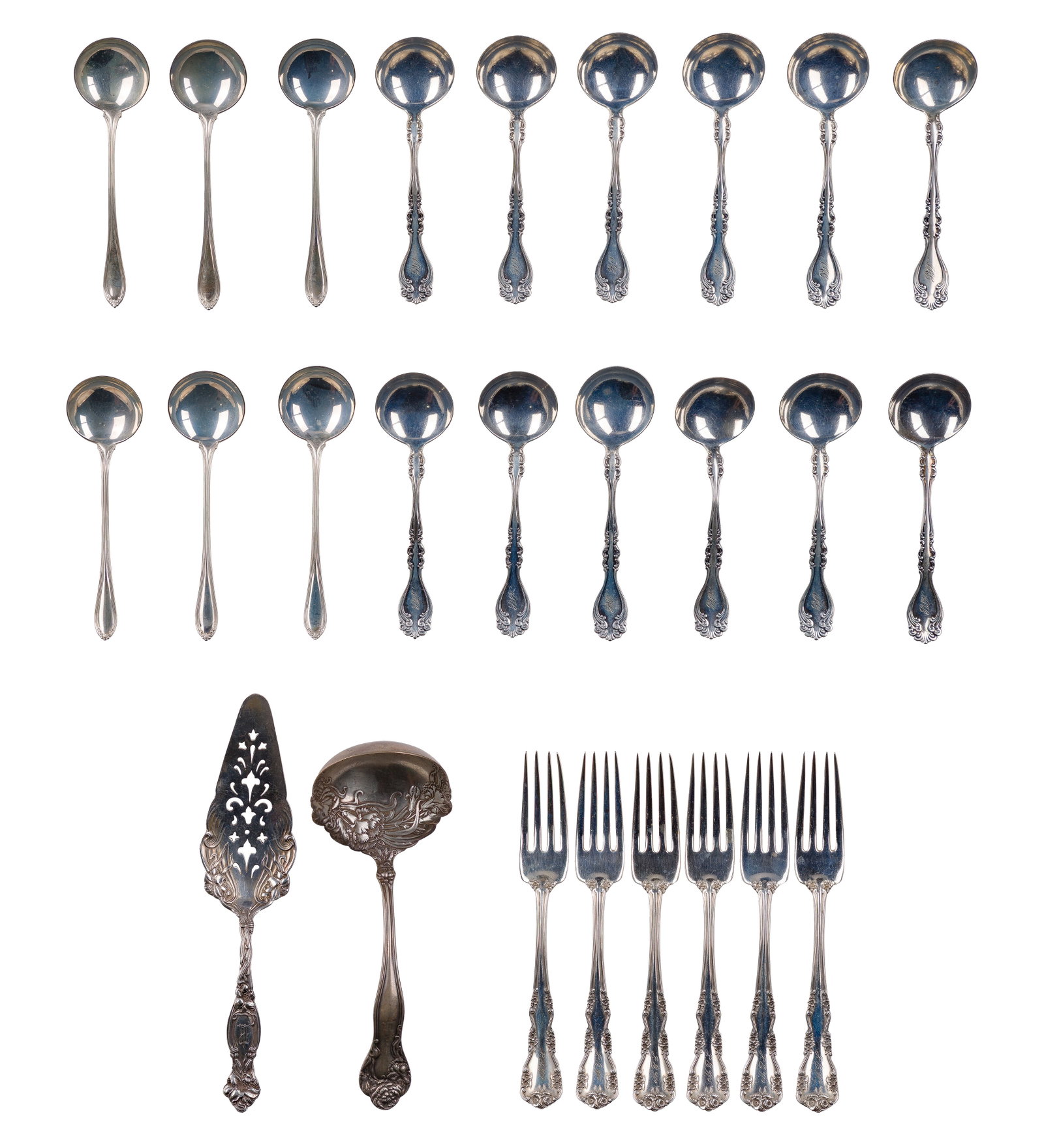International Silver and Alvin Manufacturing Sterling Silver Flatware Assortment: International Silver and Alvin Manufacturing Sterling Silver Flatware Assortment (26) items including (6) dinner knives, (18) round soup spoons, (2) serving utensils in various patterns and makers (al