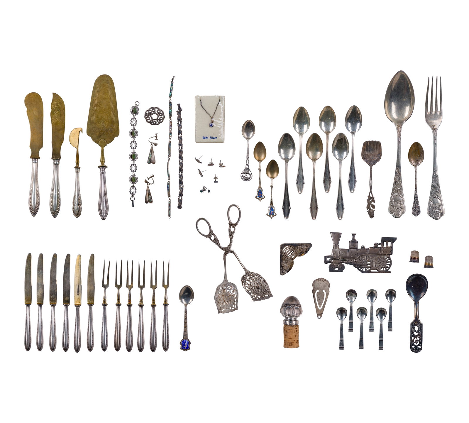 Sterling Silver and European Silver (830, 800) Object Assortment: Sterling Silver and European Silver (830, 800) Object Assortment Including bracelets, earrings, spoons, bookmarks, ornaments (most marked '925'), a necklace (unmarked 0.830), various tableware and ute