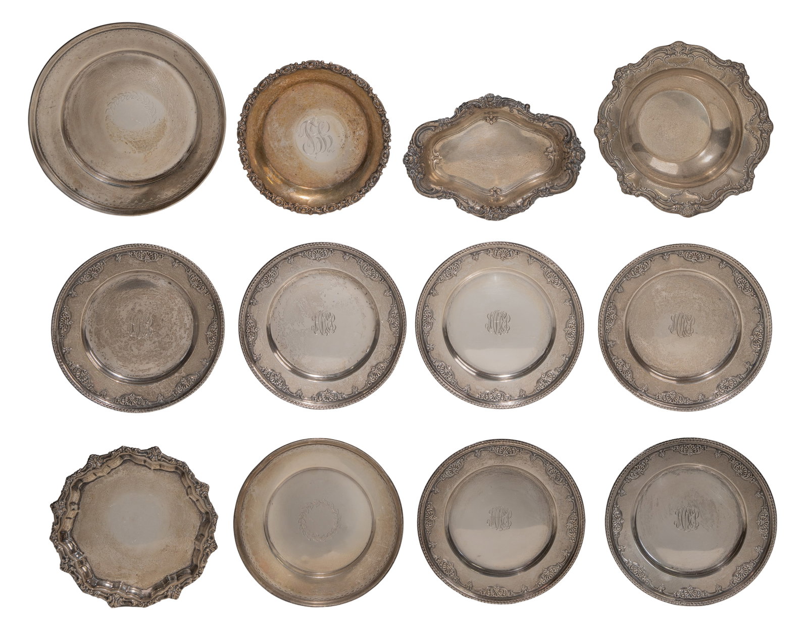 Sterling Silver Hollowware Assortment: Sterling Silver Hollowware Assortment (12) items including (10) wine coasters / trinket trays and (2) mint bowls (all marked 'sterling') Property from: a Private Collector, Wheaton, Illinois Diameter: