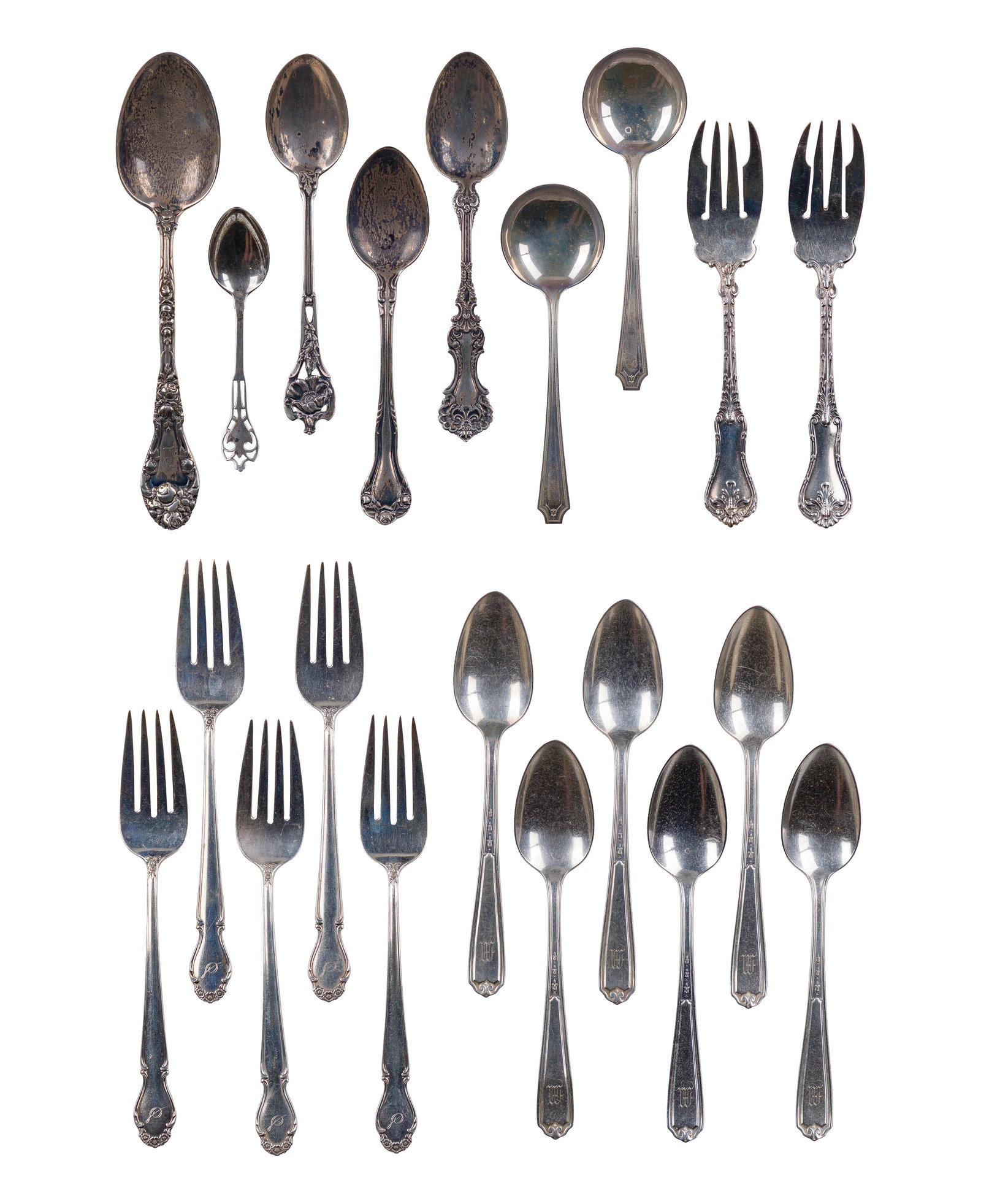 Sterling Silver Utensil Assortment: Sterling Silver Utensil Assortment (20) items including (7) salad forks, (9) teaspoons, (1) tablespoon, (2) round soup spoons, (1) youth spoon, various patterns and makers (some hallmarked, all