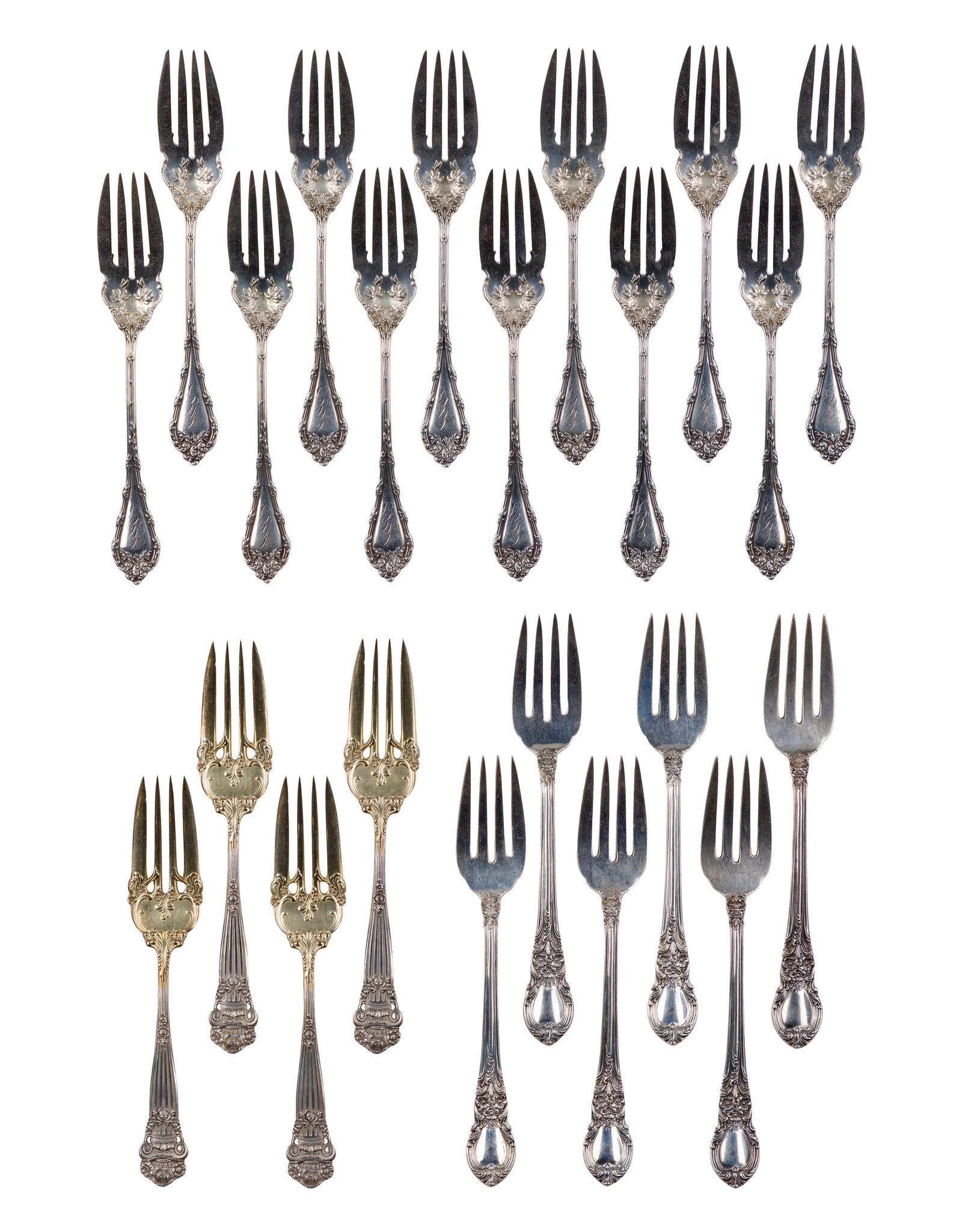 Sterling Silver Utensil Assortment: Sterling Silver Utensil Assortment (22) salad forks in various patterns from various makers (marked 'sterling') Property from: a Private Collector, Wheaton, Illinois Length: 6 inches (longest)