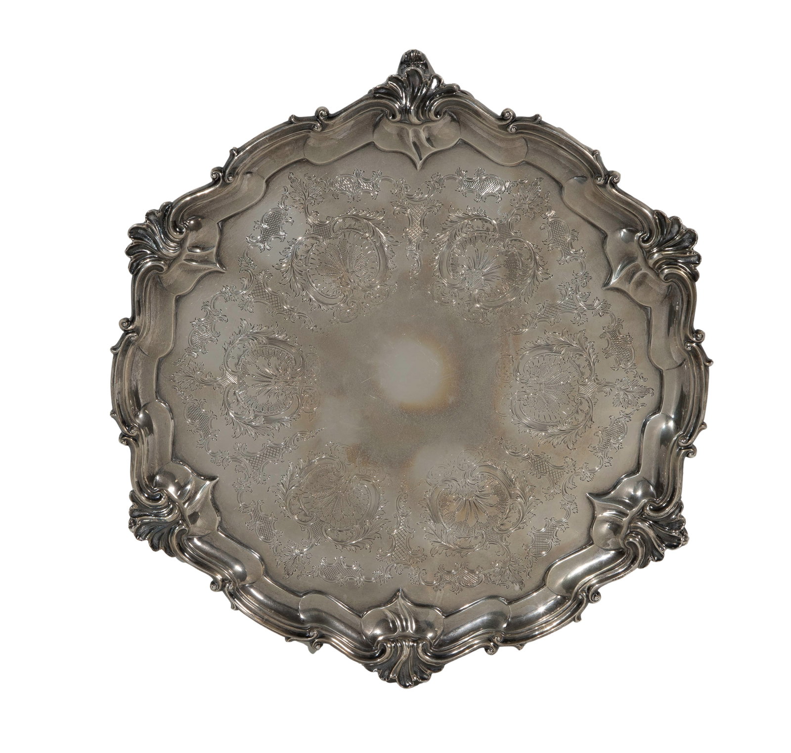 English Sterling Silver Footed Tray: English Sterling Silver Footed Tray A 1902 Edward Barnard & Sons Ltd round three-footed tray having a raised shell scalloped border, engraved center (marked lion passant) Property from: a Private